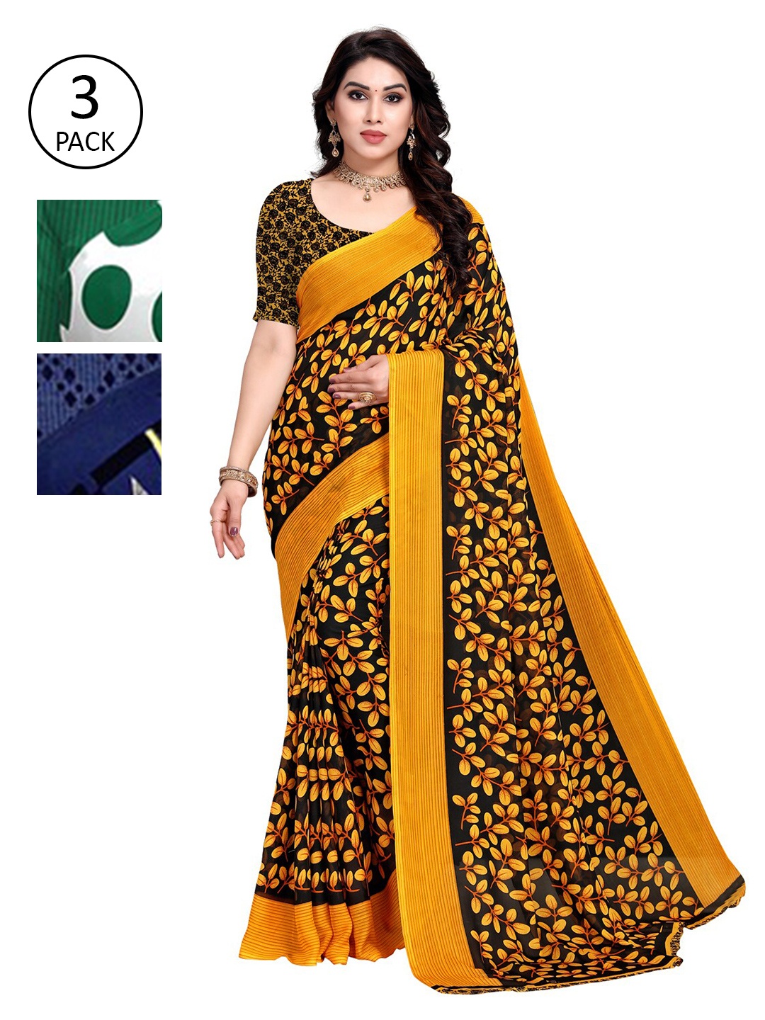 

KALINI Pack Of 3 Multicoloured Poly Georgette Sarees, Multi