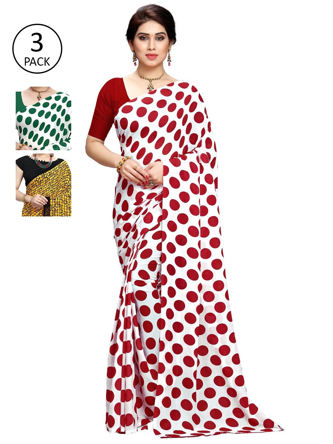 

KALINI Pack of 3 Printed Poly Georgette Saree, Red