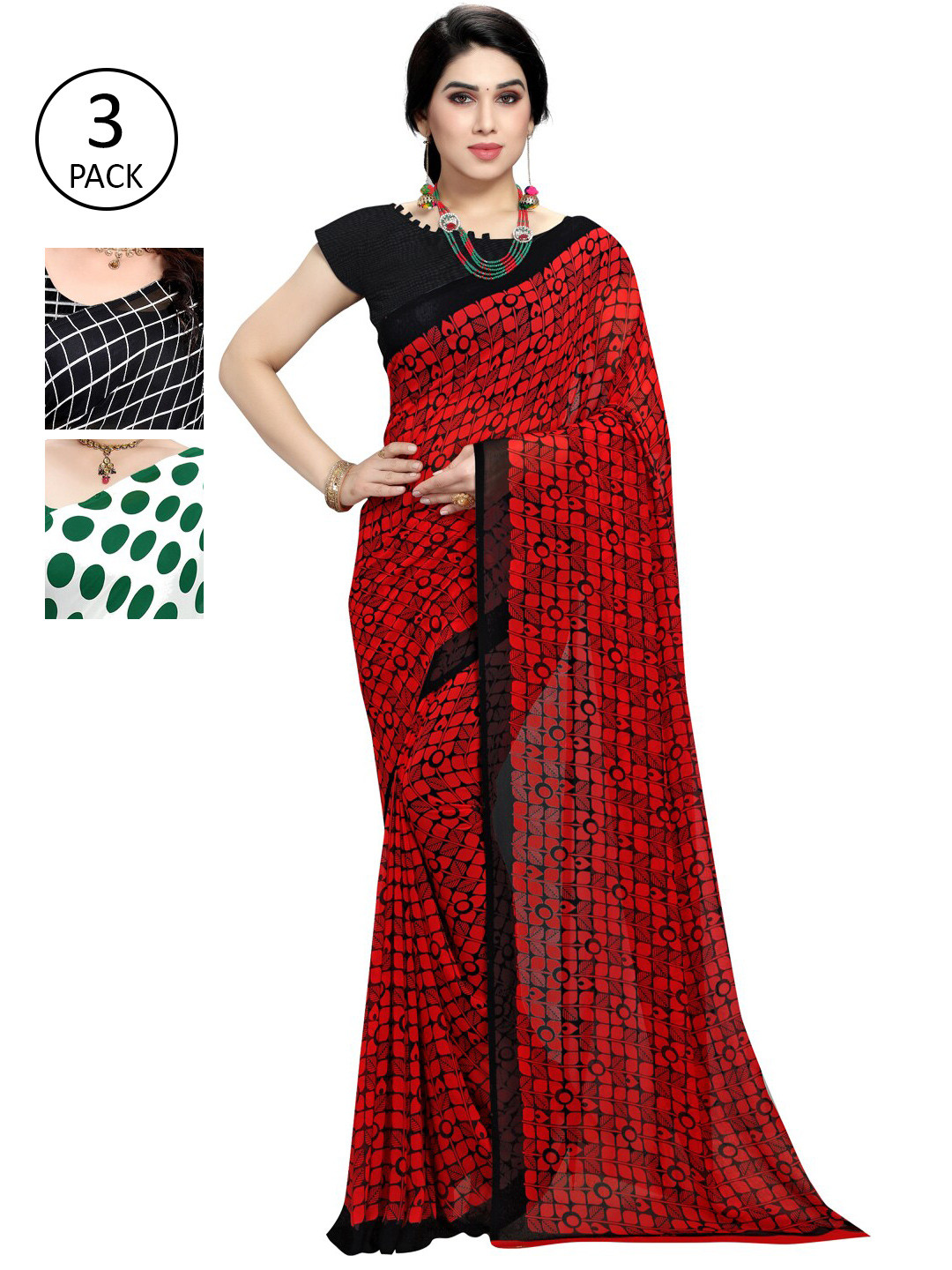 

KALINI Pack of 3 Poly Georgette Sarees, White