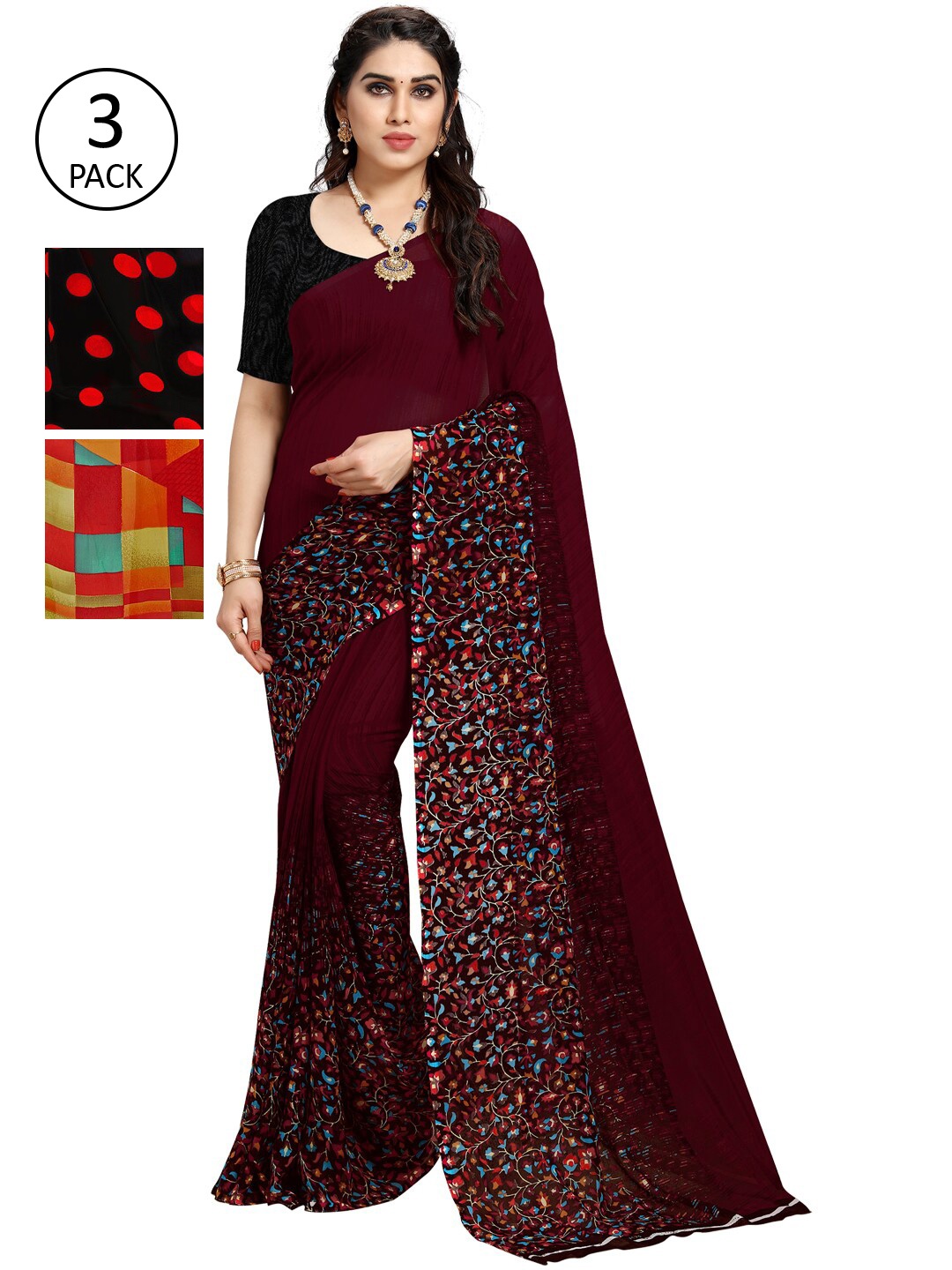 

ANAND SAREES Pack of 3 Poly Georgette Sarees, Burgundy