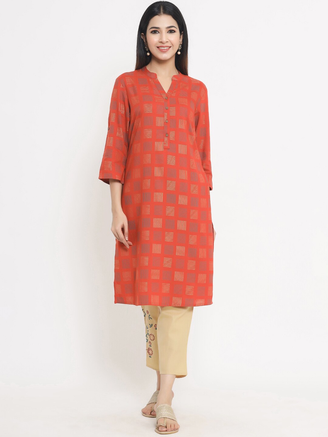 

Sangria Women Red & Beige Printed Kurta with Trousers