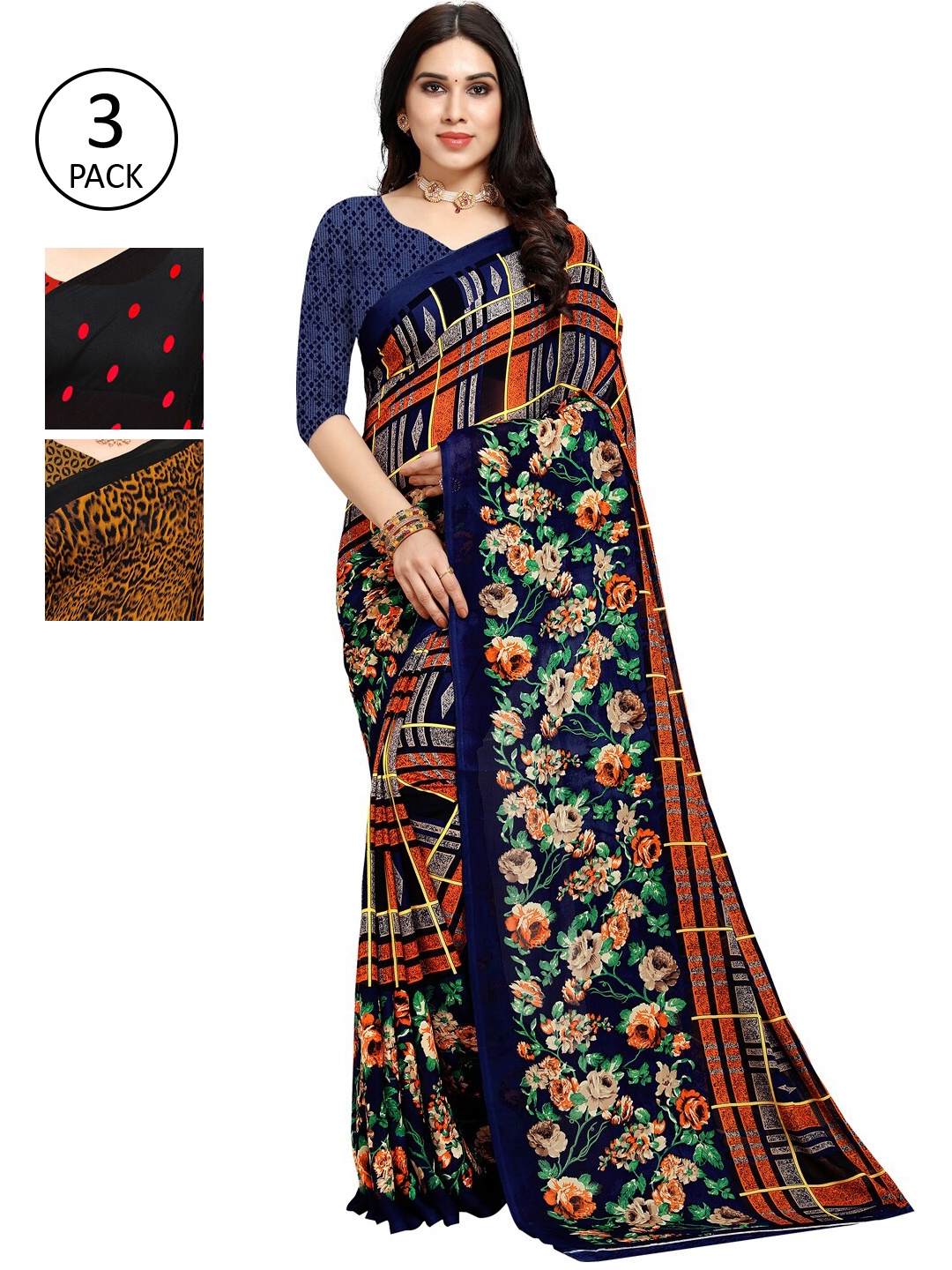 

KALINI Women Pack of 3 Printed Sarees, Red