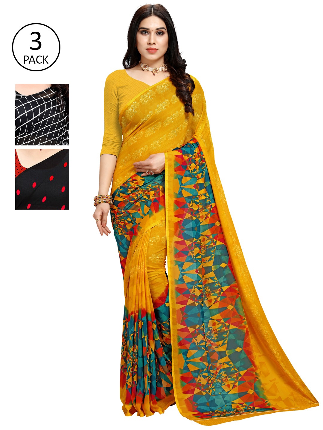 

KALINI Women Pack of 3 Printed Poly Georgette Sarees, Red