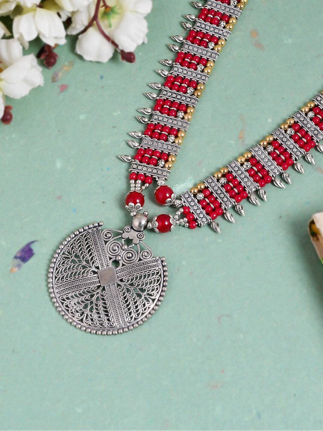 

Silvermerc Designs Silver & Red Brass Silver-Plated Tribal Necklace