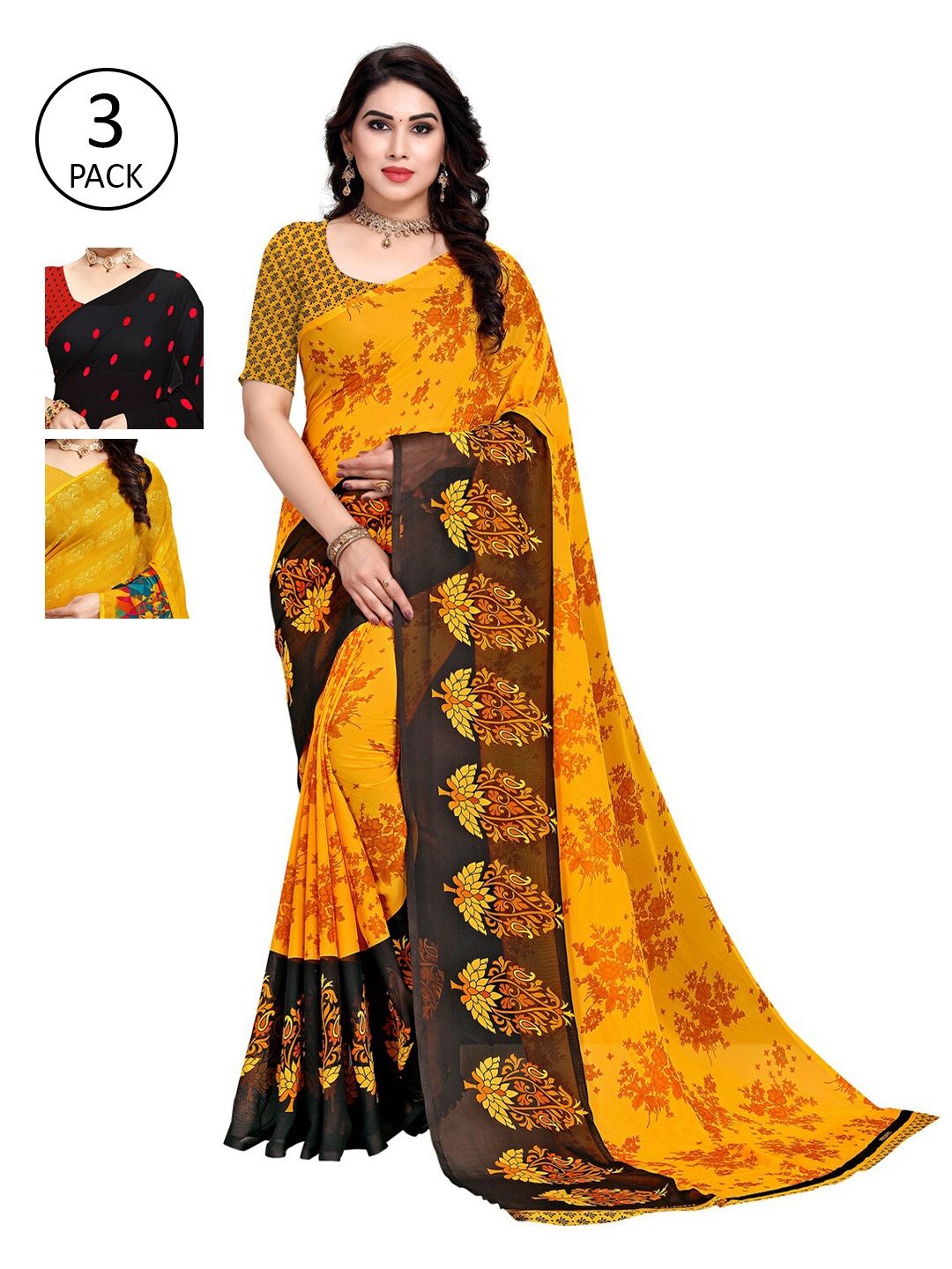 

KALINI Women Pack of 3 Printed Sarees, Black
