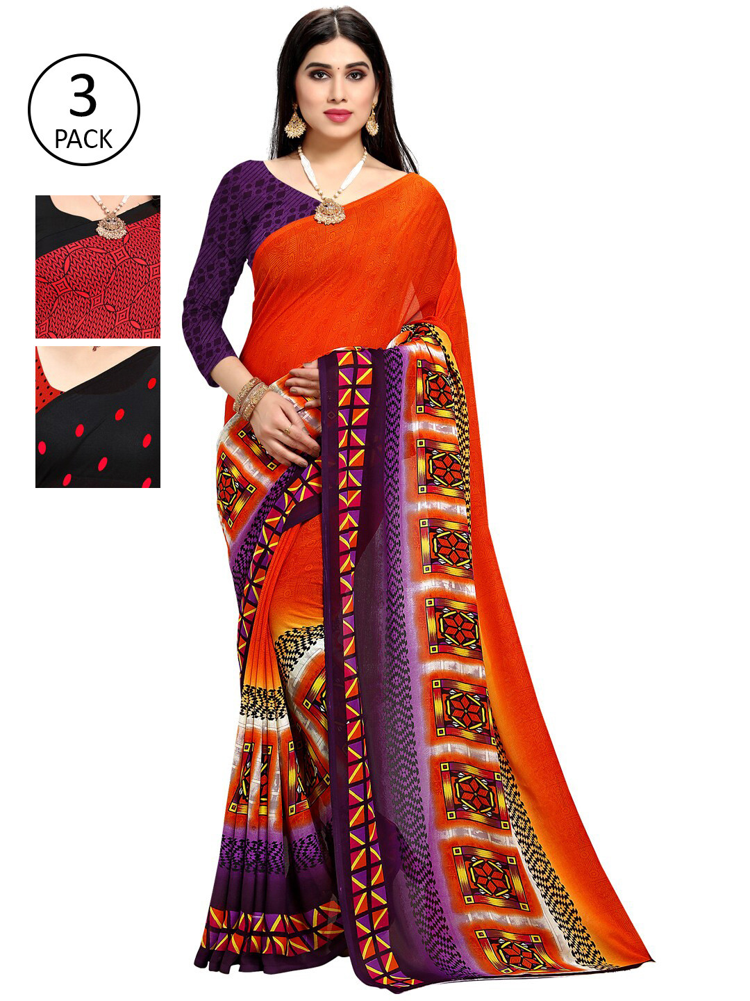 

KALINI Women Pack of 3 Printed Sarees, Red