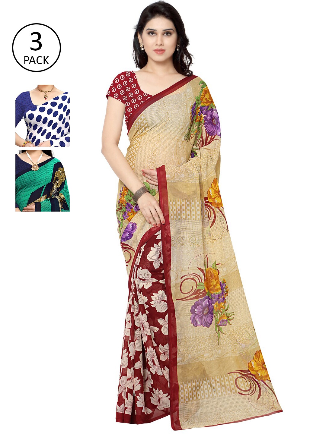 

KALINI Women Pack Of 3 Printed Sarees, White