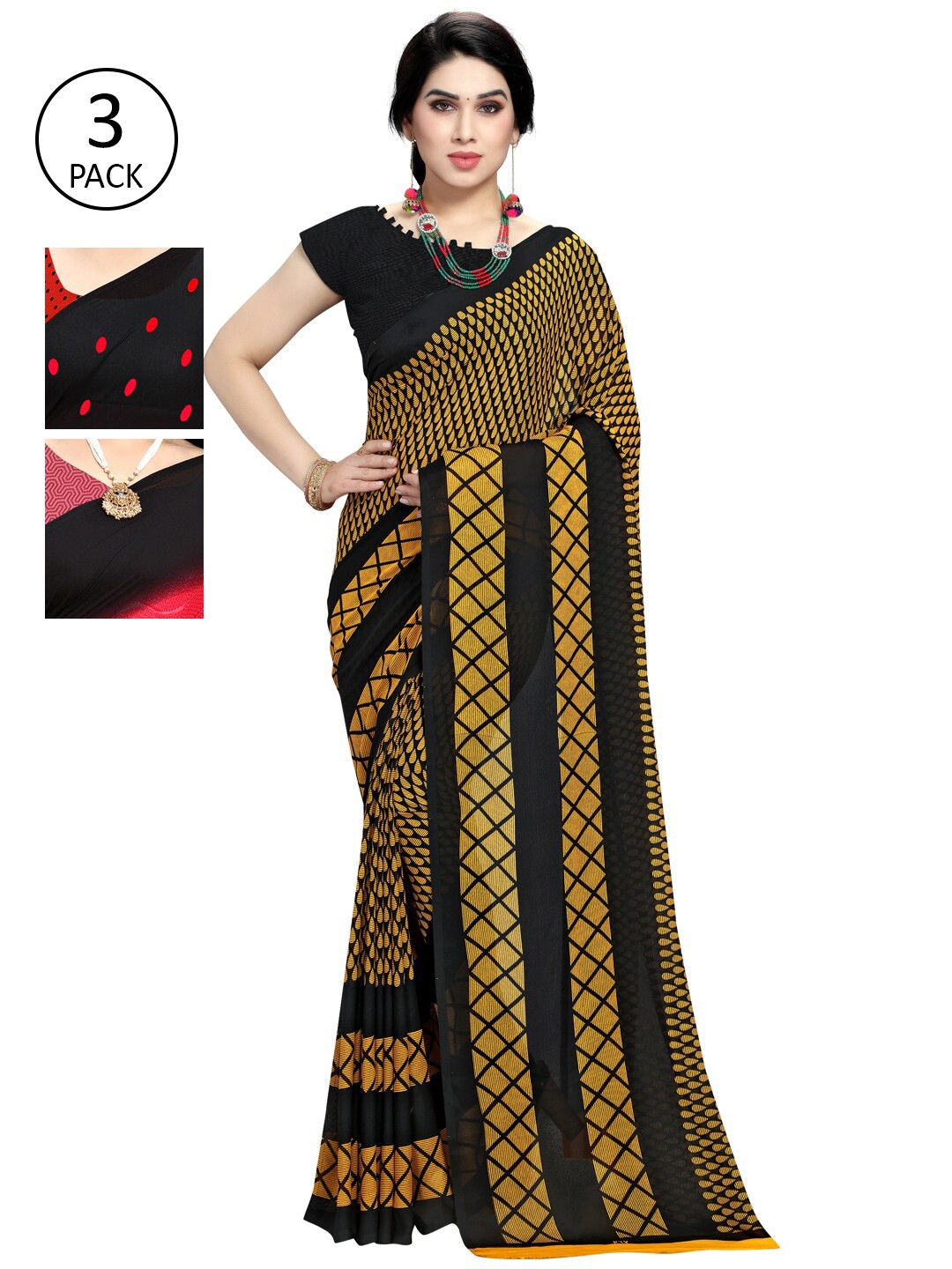 

KALINI Women Pack of 3 Printed Poly Georgette Sarees, Black
