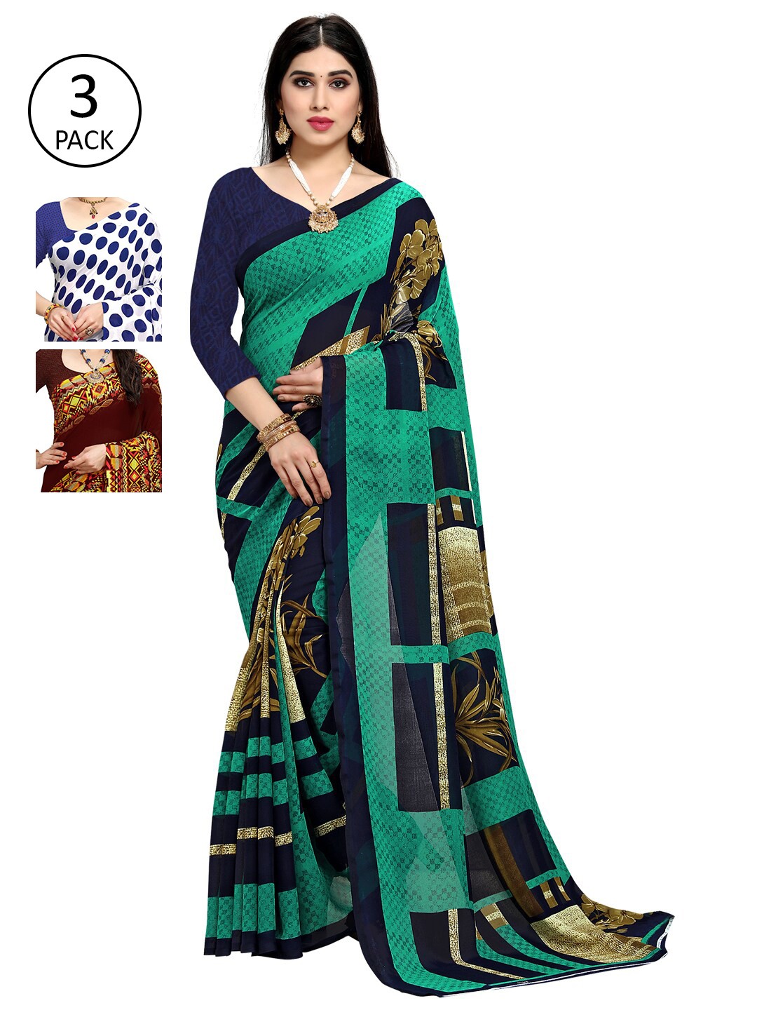 

KALINI Women Pack Of 3 Printed Sarees, White