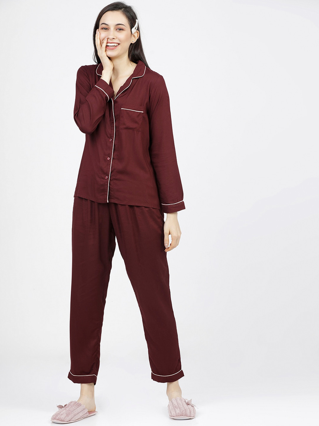 

Tokyo Talkies Women Burgundy Solid Night suit