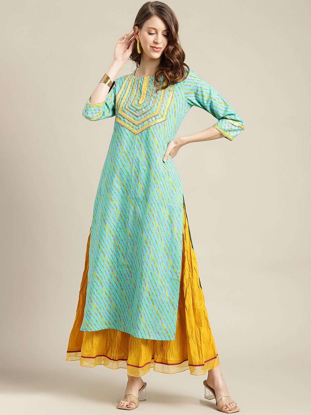 

Varanga Women Turquoise Blue & Yellow Yoke Design Gotta Patti Cotton Kurta
