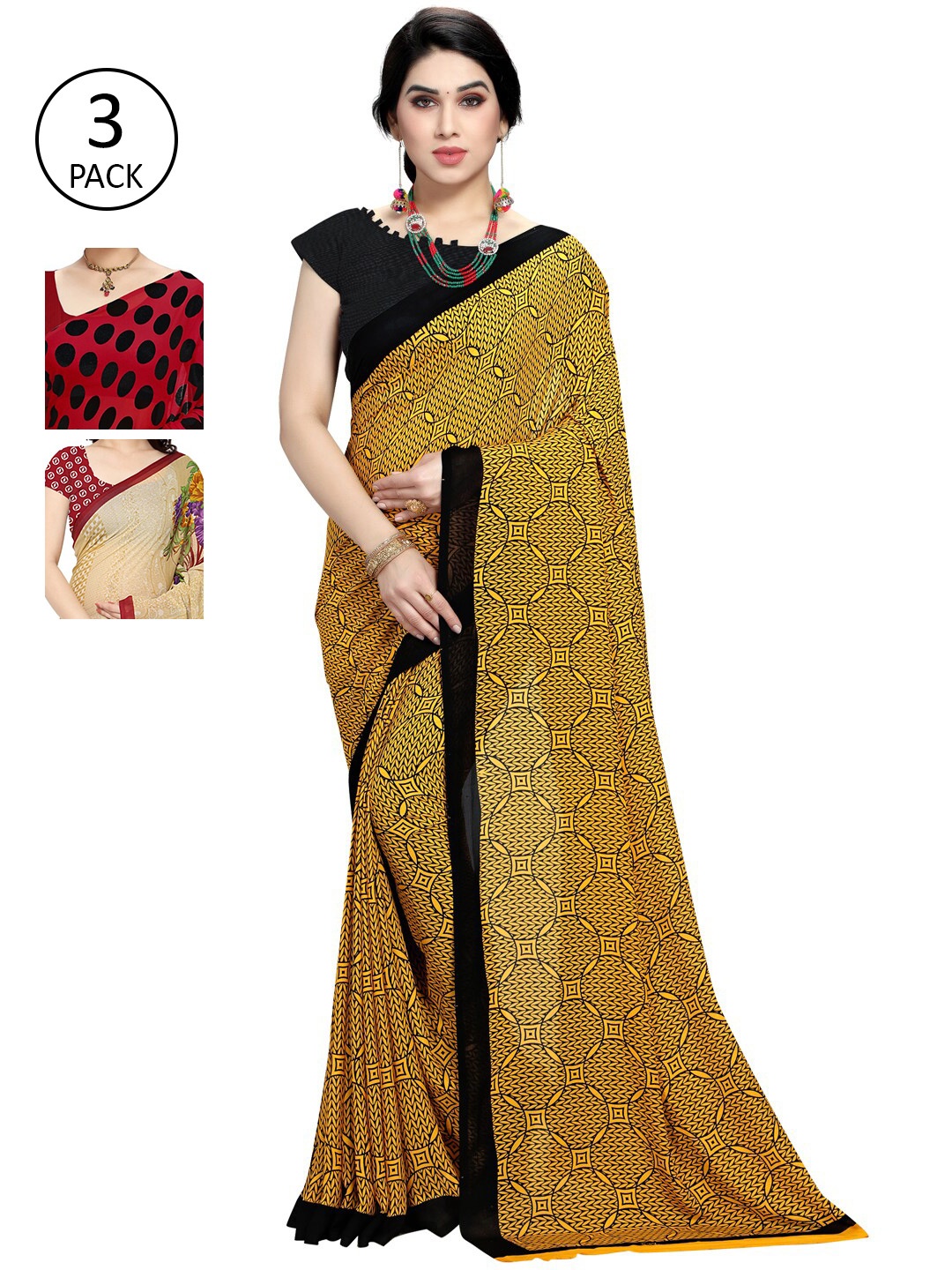 

KALINI Pack of 3 Printed Poly Georgette Saree, Multi
