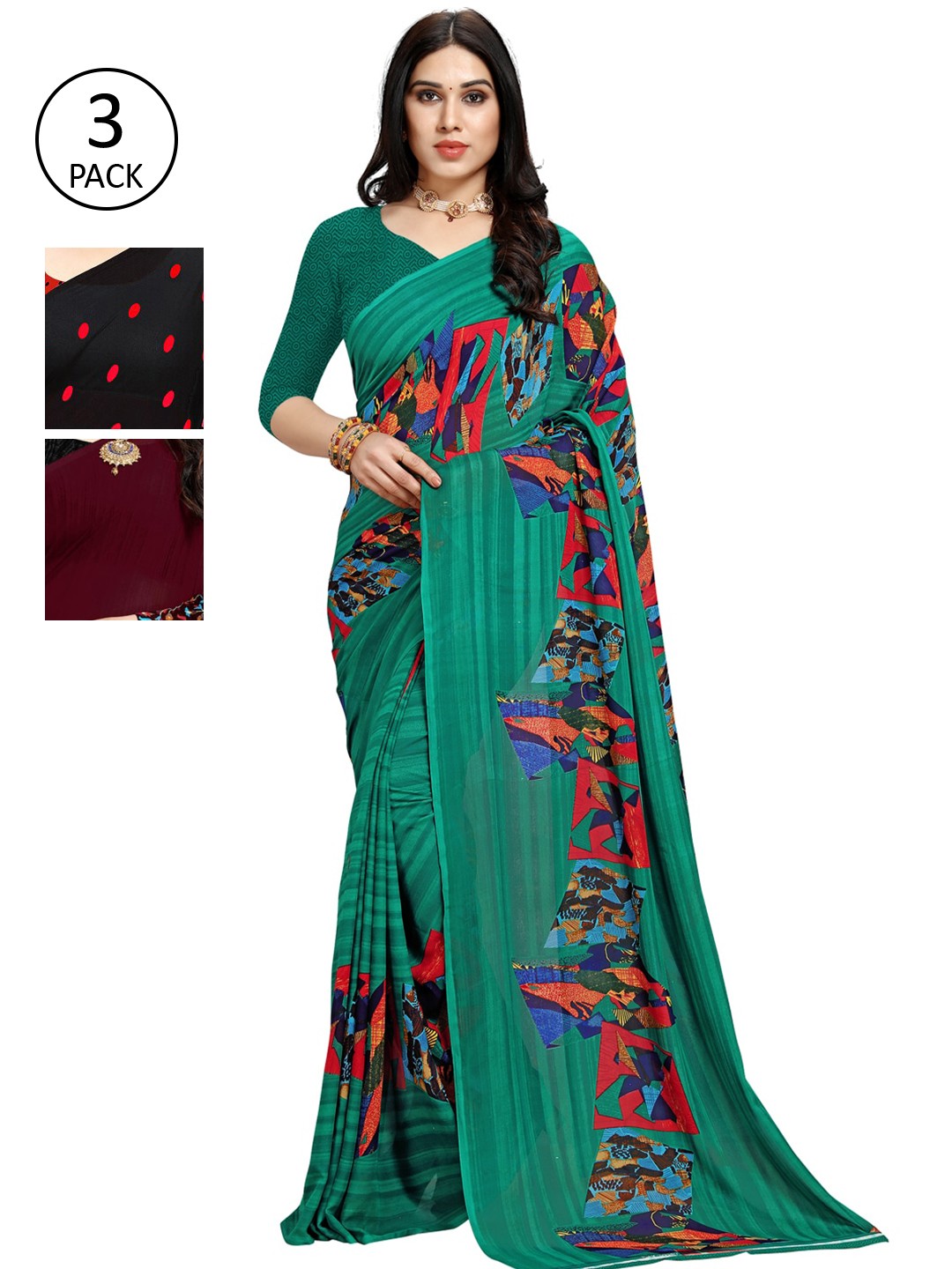

KALINI Red & Burgundy Pack of 3 Printed Saree