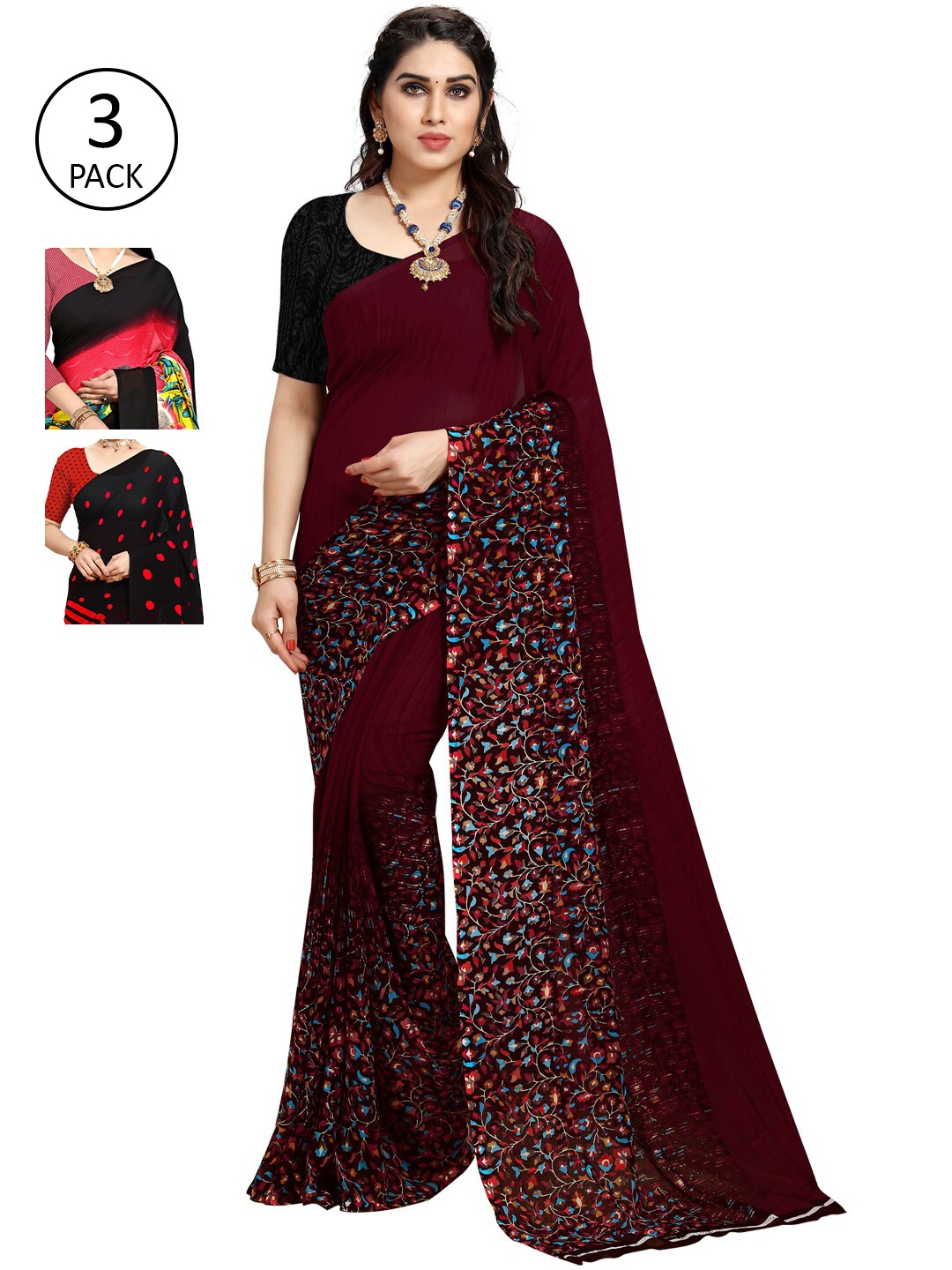 ANAND SAREES Pack of 3 Poly Georgette Printed Sarees, Black