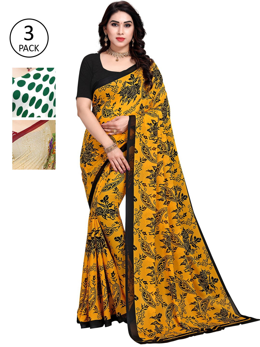 

KALINI Women Pack of 3 Printed Poly Georgette Sarees, White