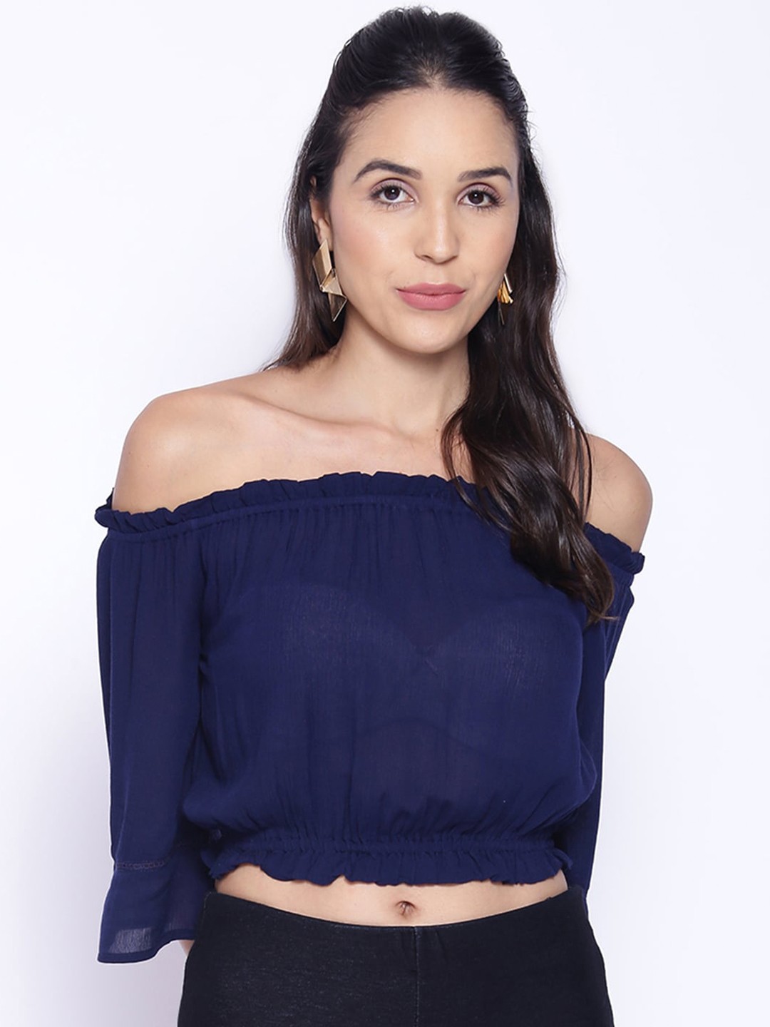 

IX IMPRESSION Navy Blue Off-Shoulder Bell Sleeve Crepe Bardot Crop Top