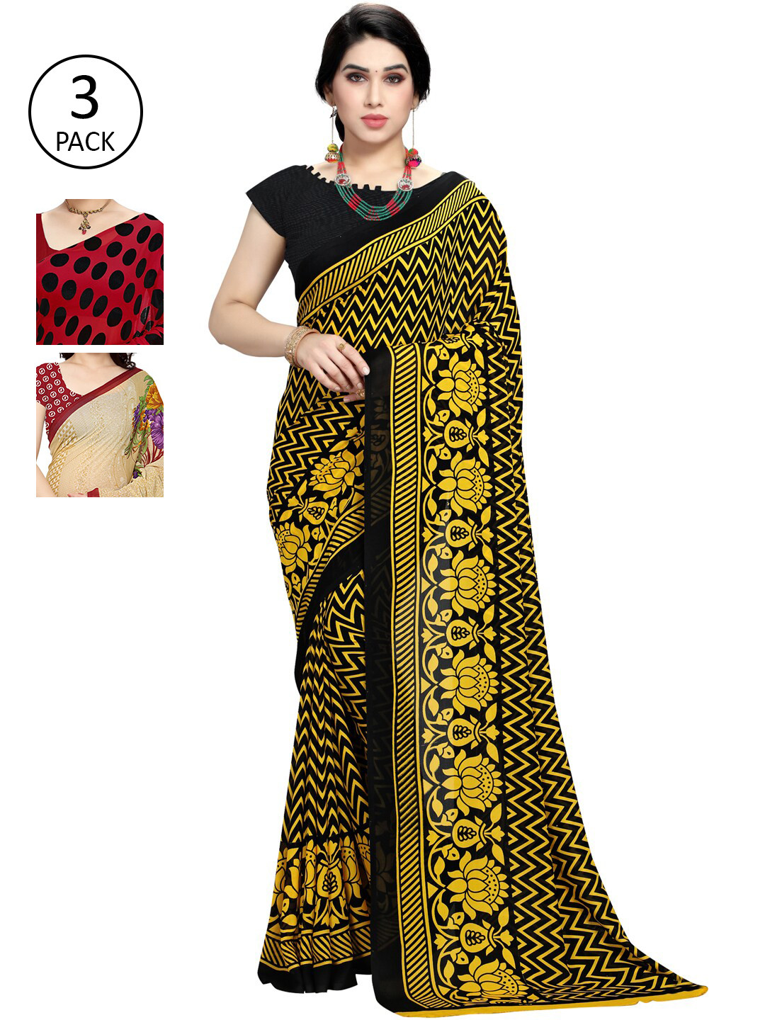

KALINI Pack Of 3 Multicoloured Poly Georgette Sarees, Multi