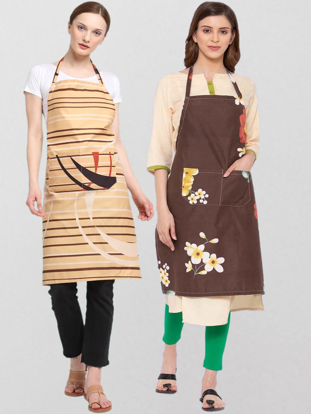 

KLOTTHE Unisex Pack Of 2 Printed 210TC Cotton Aprons, Brown