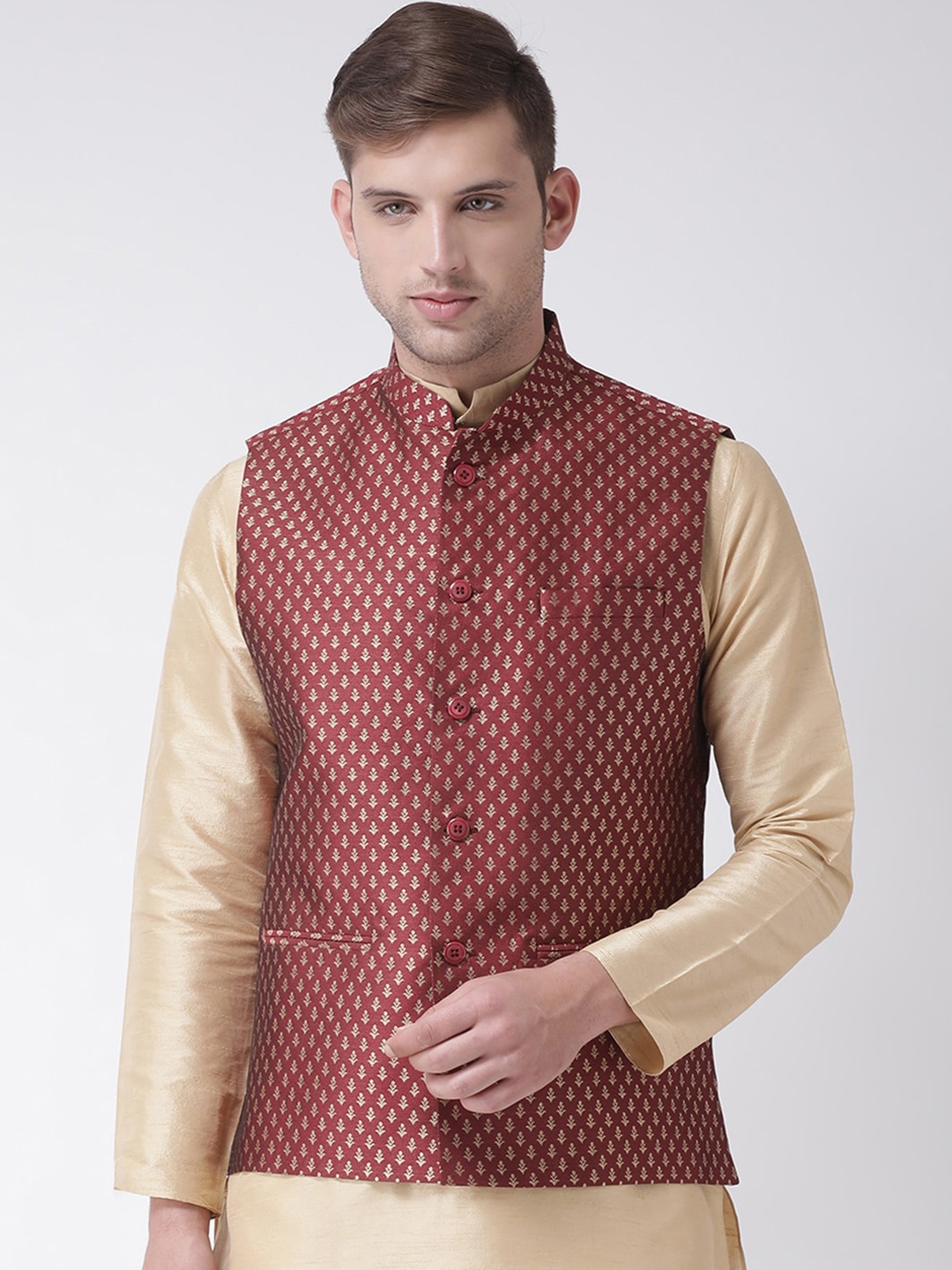 

TABARD Men Maroon & Beige Woven Design Pure Silk Nehru Jacket