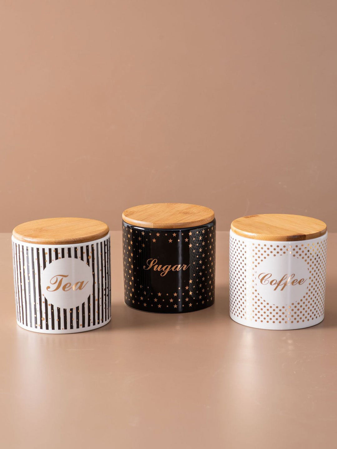 

THEDECORKART Set Of 3 Printed Tea Coffee Sugar Ceramic Canisters With Lid, White