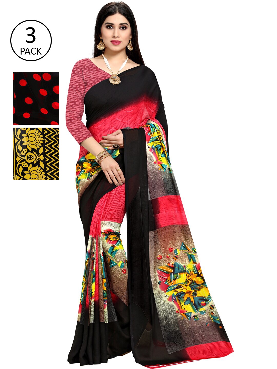 

ANAND SAREES Pack of 3 Poly Georgette Printed Sarees, Red