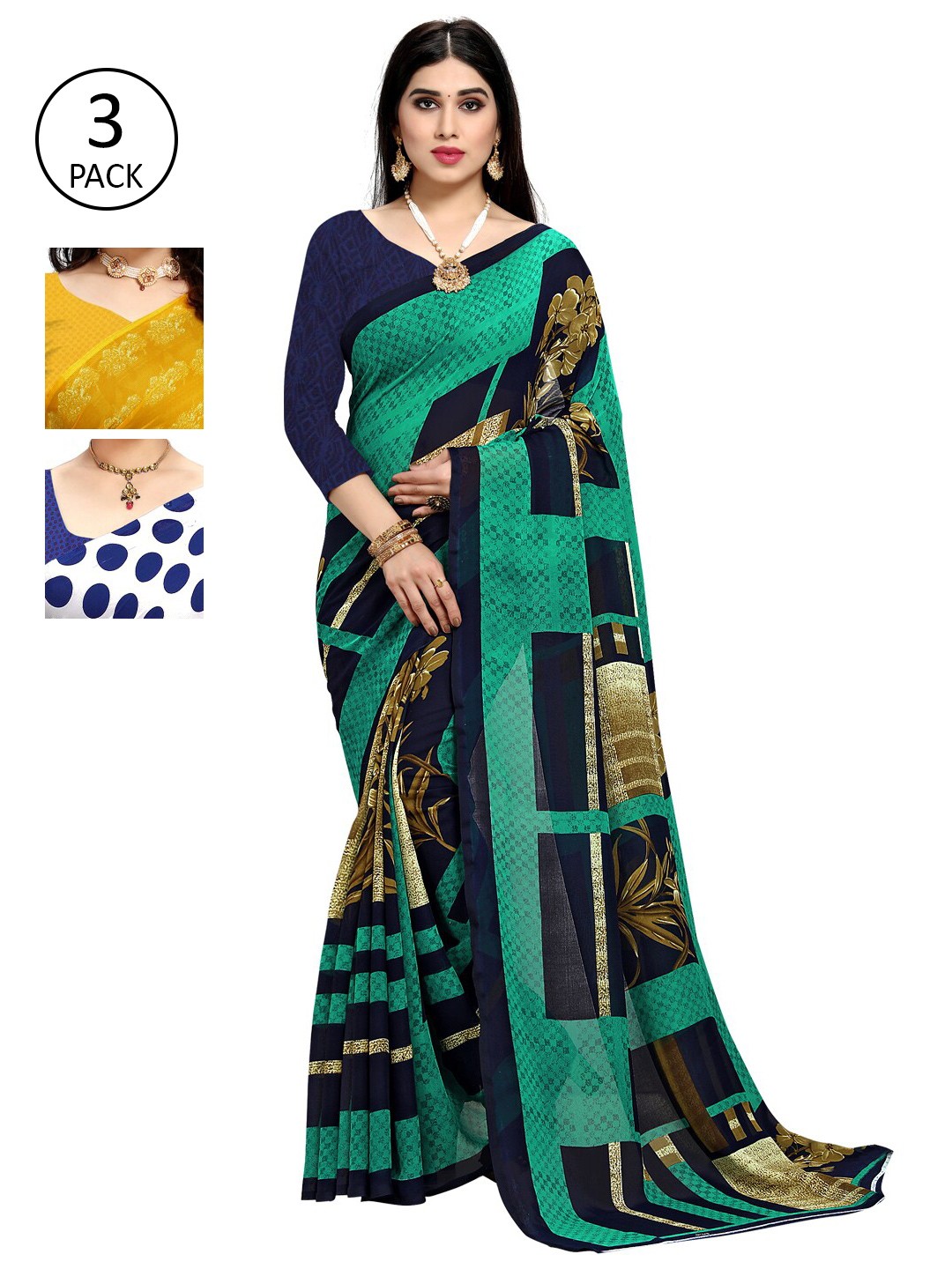 

KALINI Multicoloured Set of 3 Poly Georgette Saree, Multi