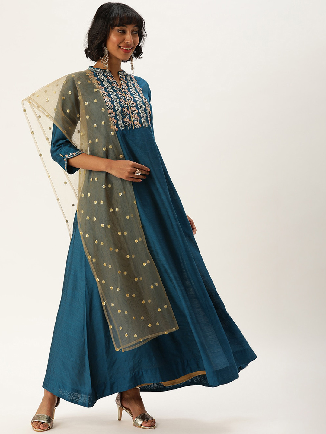 

Varanga Women Teal Blue & Beige Floral Embroidered Anarkali Kurta With Dupatta