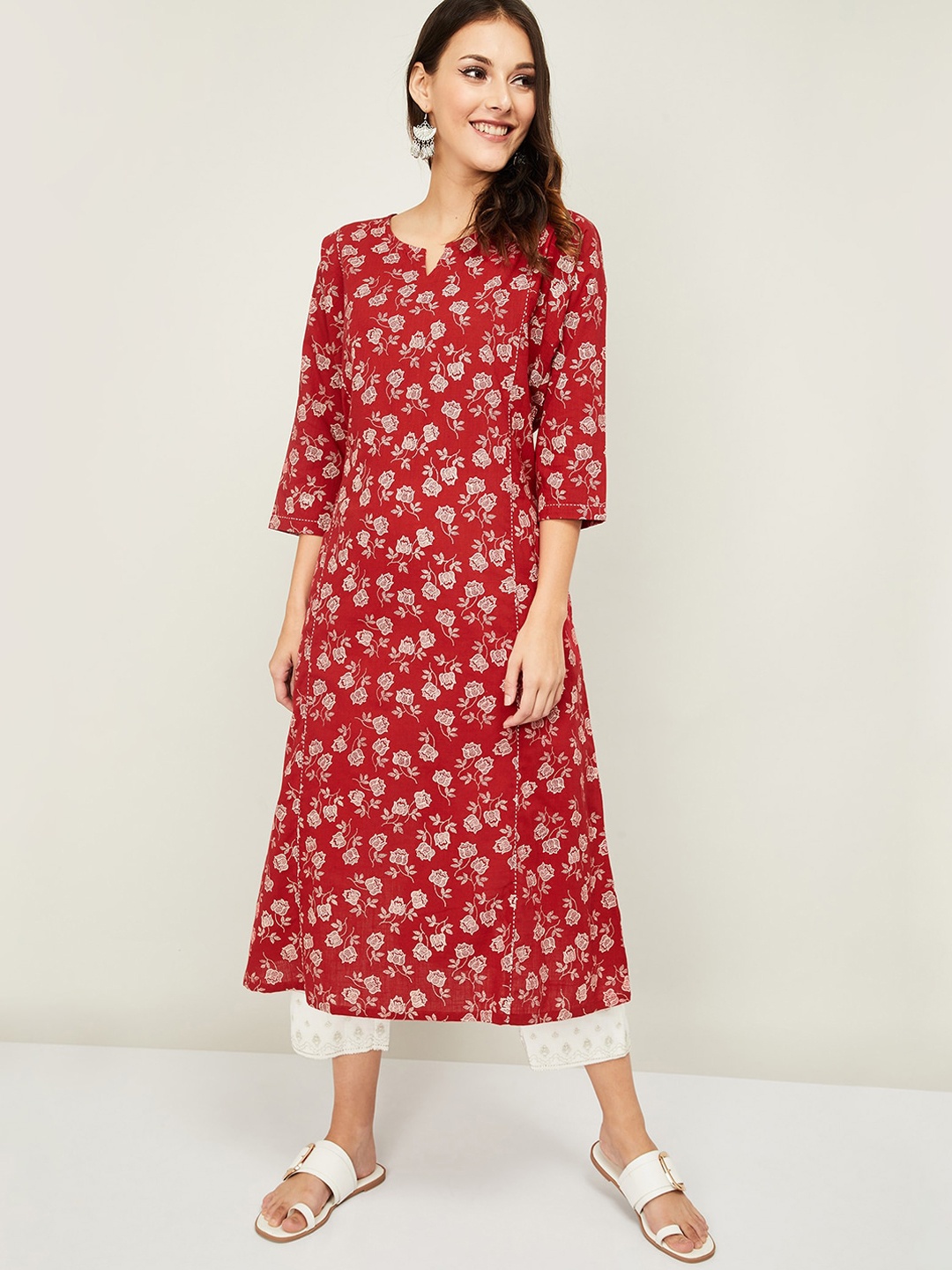 

Melange by Lifestyle Women Red & White Floral Printed Kurta