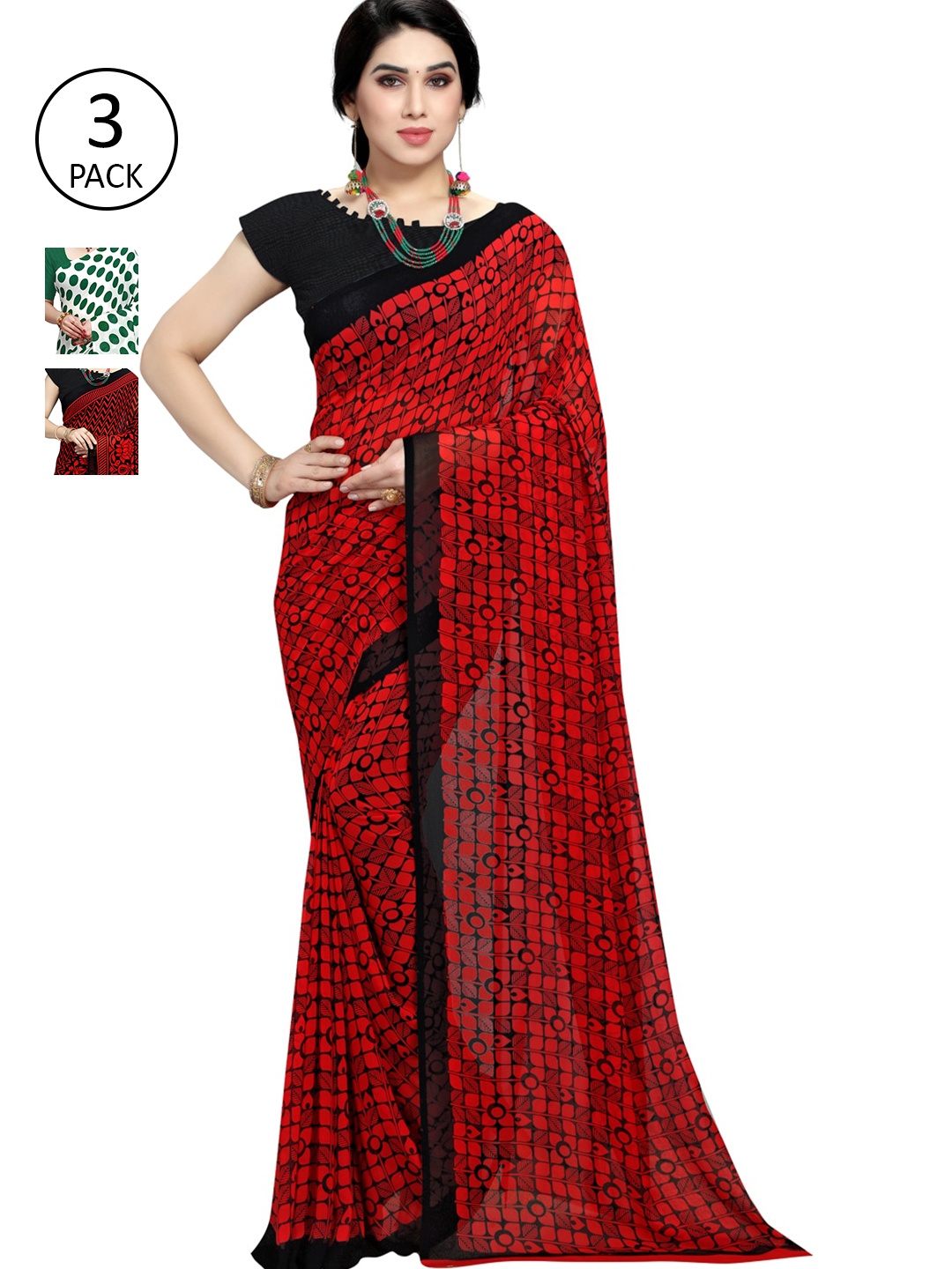 

KALINI Pack of 3 Printed Poly Georgette Saree, Multi