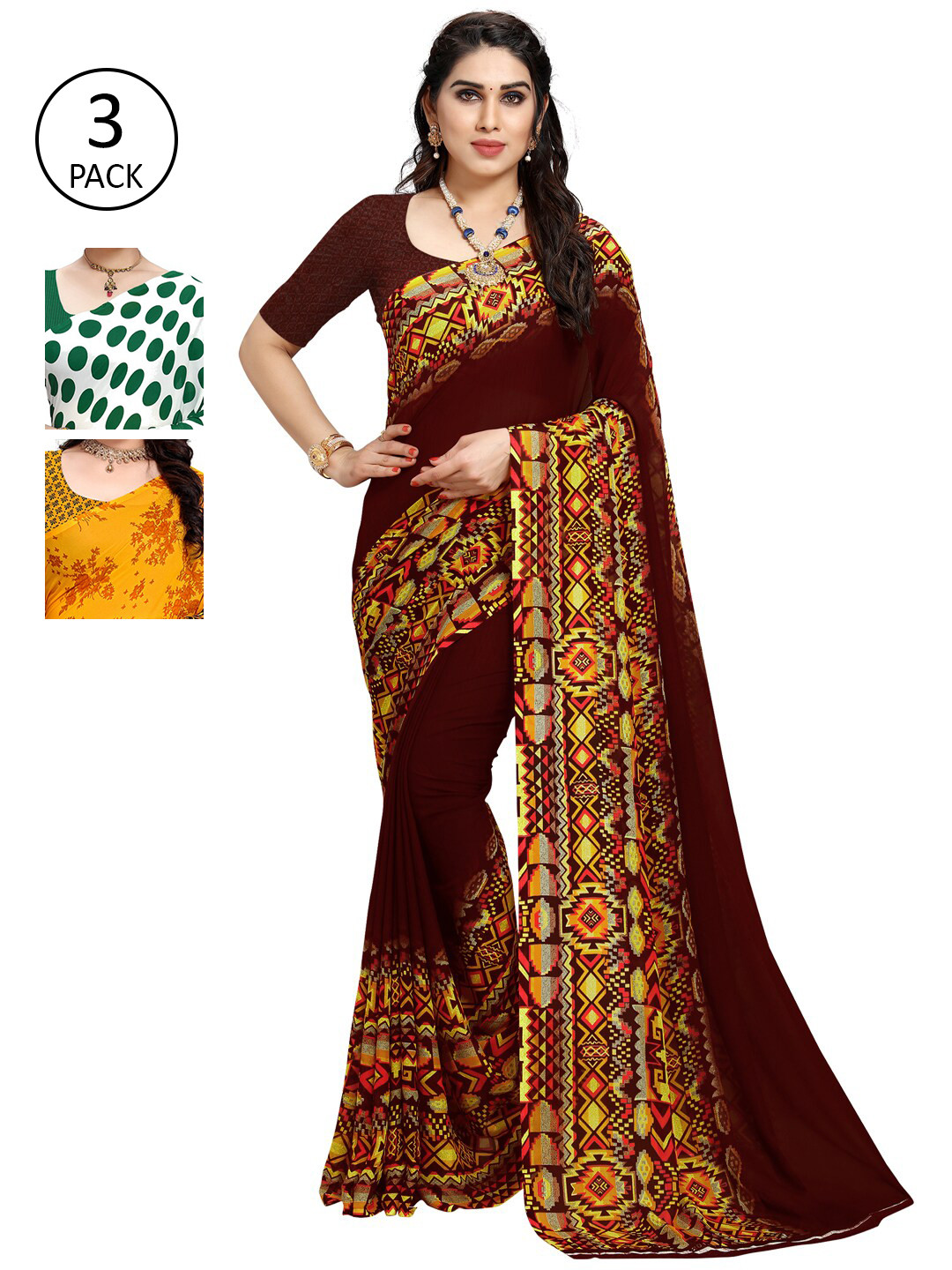 

KALINI Pack Of 3 Poly Georgette Sarees, Burgundy