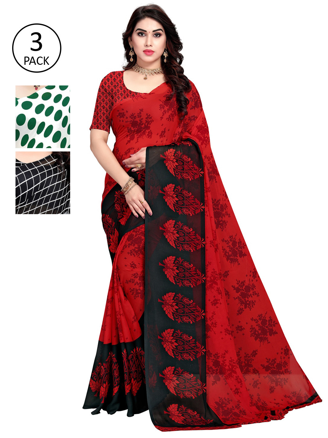 

KALINI Women Pack of 3 Printed Poly Georgette Sarees, Green