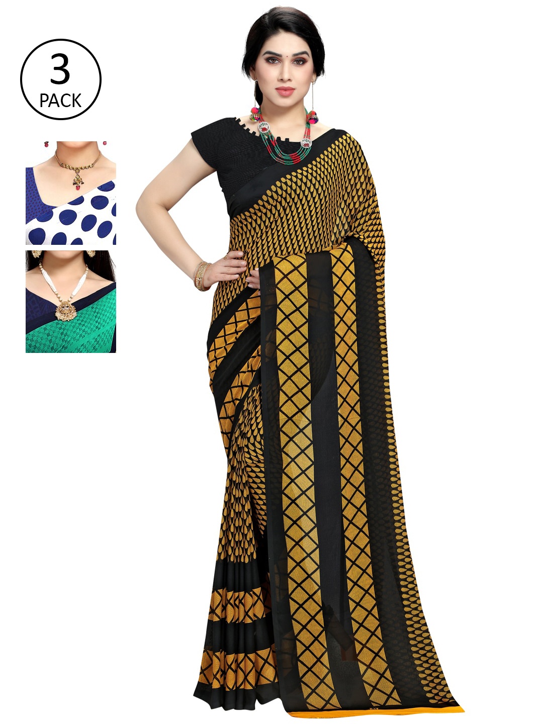 

KALINI Pack of 3 Poly Georgette Sarees, White