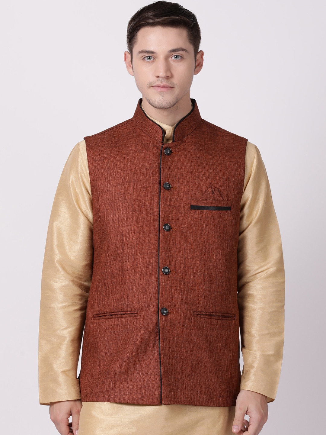 

TABARD Men Brown Solid Woven Pure Cotton Nehru Jacket