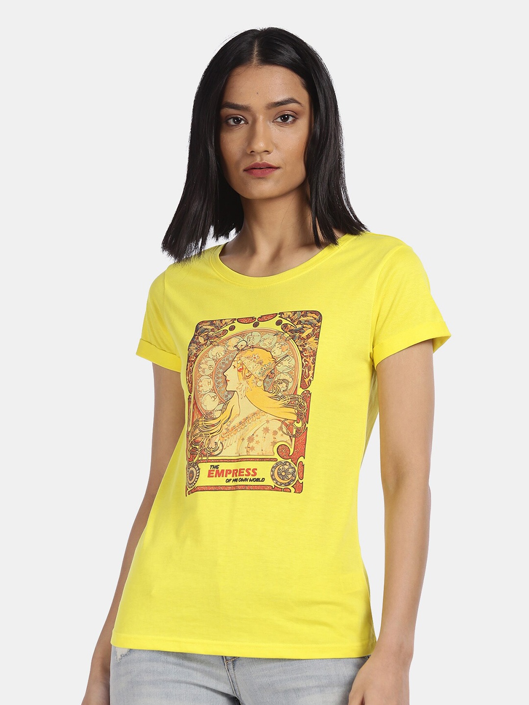 

Sugr Women Yellow Printed Cotton T-shirt