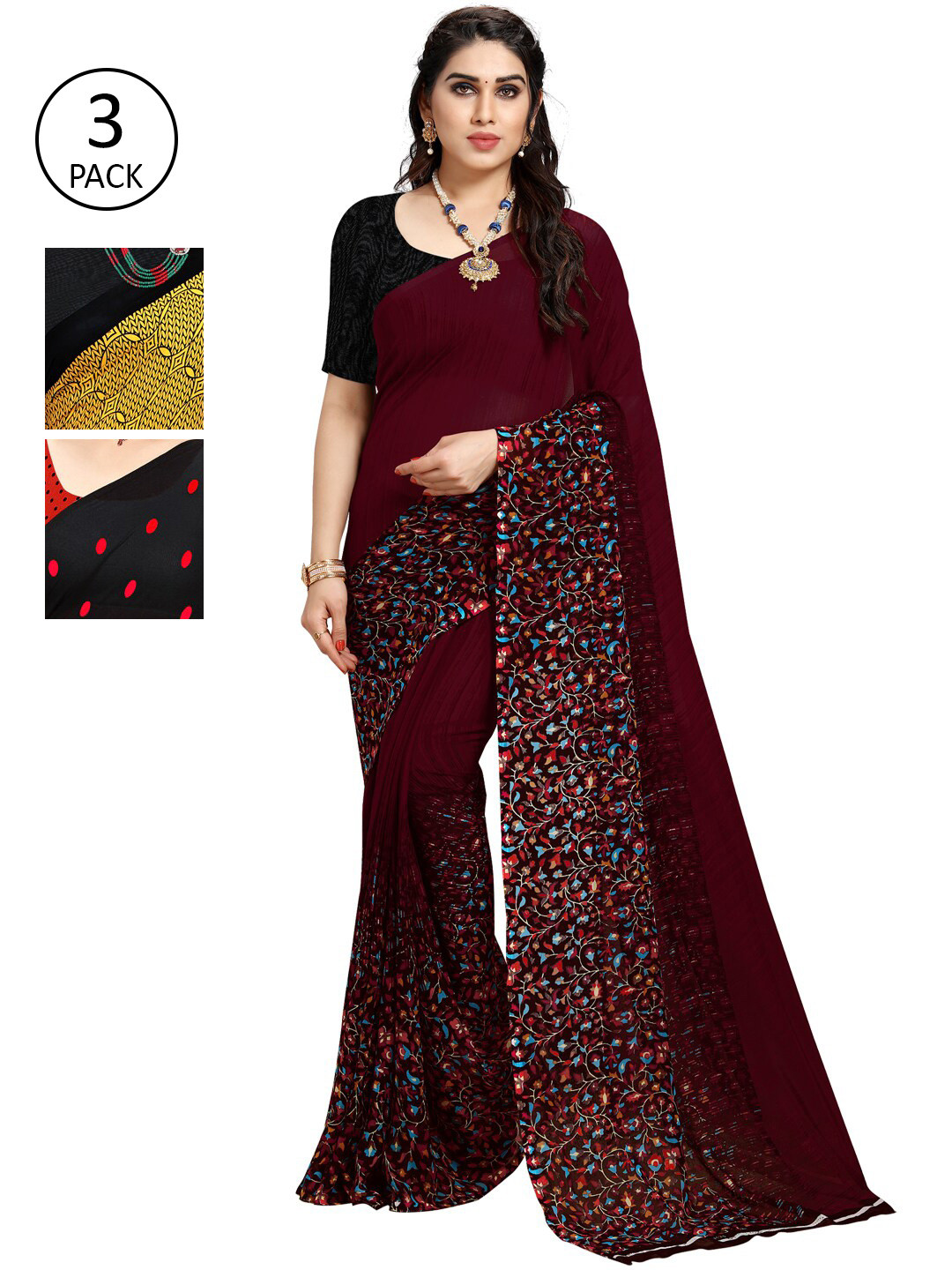 

KALINI Pack Of 3 Printed Sarees, Red