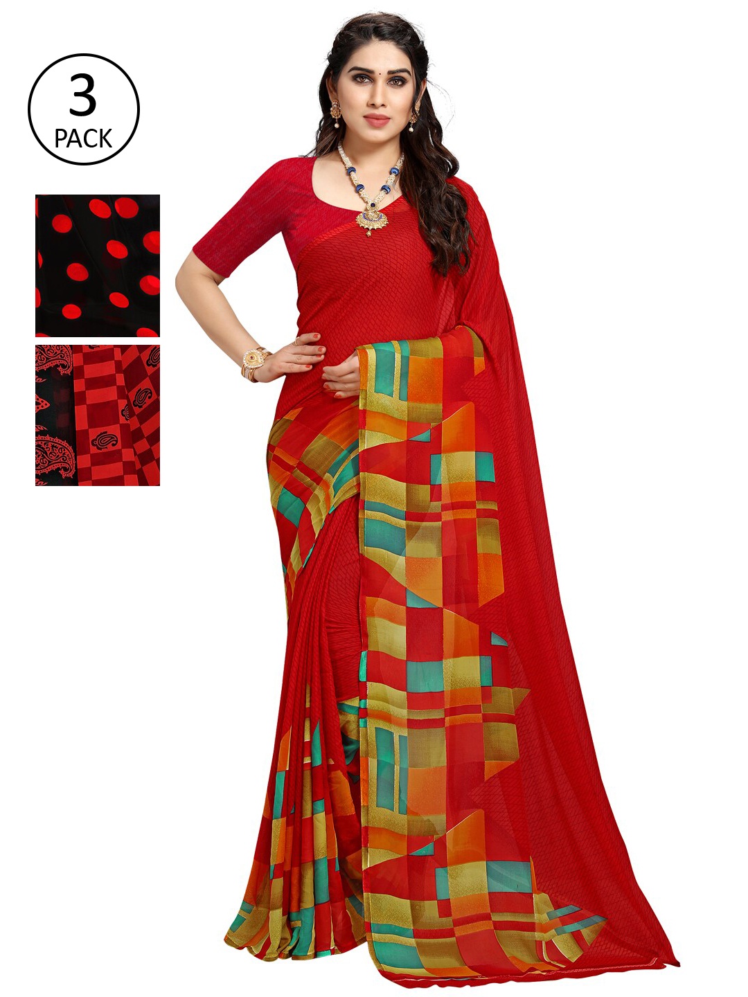 

KALINI Pack of 3 Poly Georgette Sarees, Red