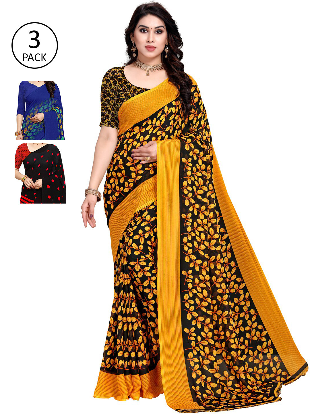 

KALINI Pack Of 3 Blue & Red Saree