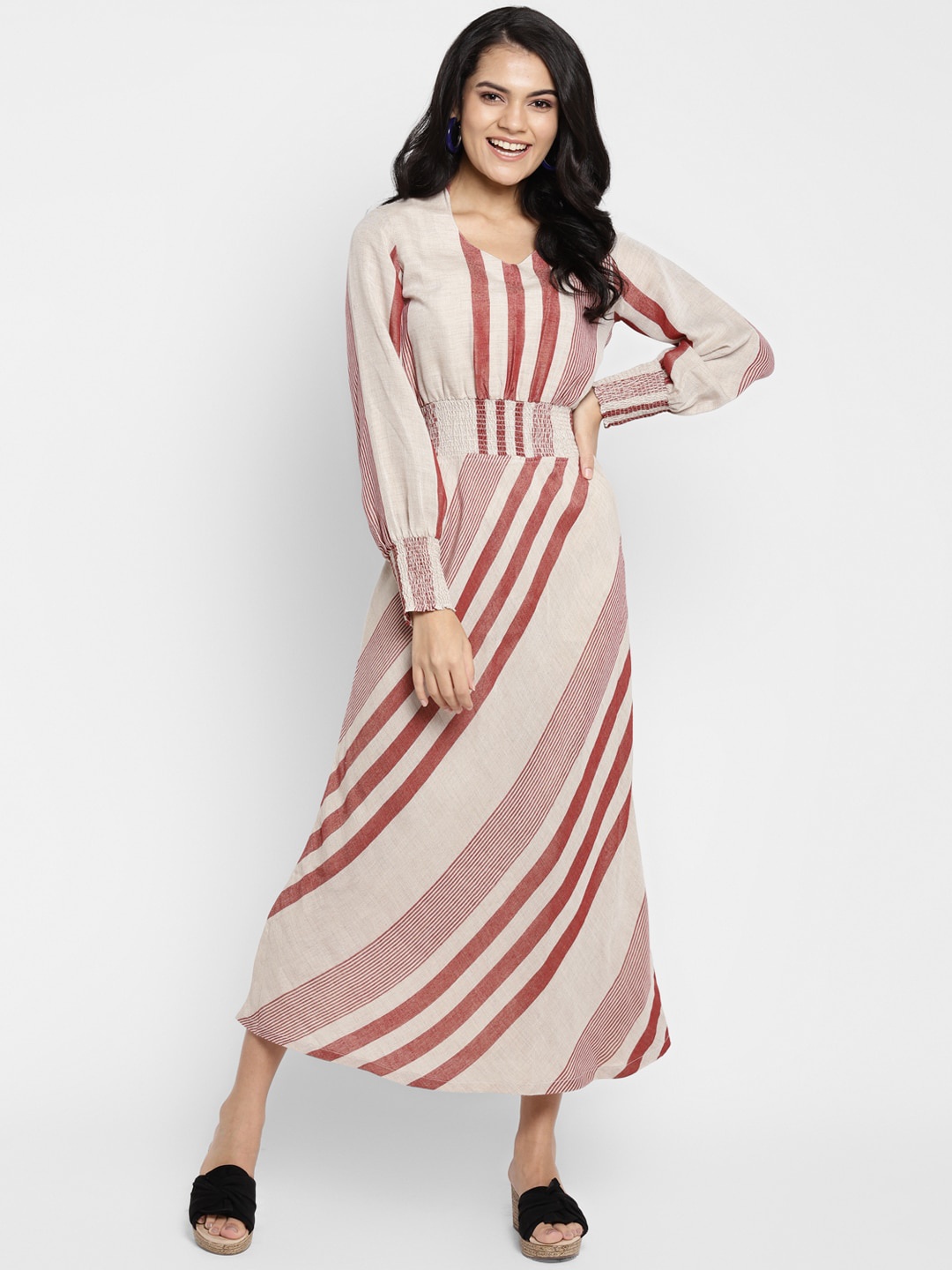 

DEEBACO Beige & Red Striped Midi Dress
