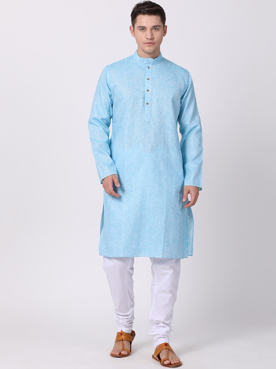 

TABARD Men Blue Solid Band Collar Cotton Kurta