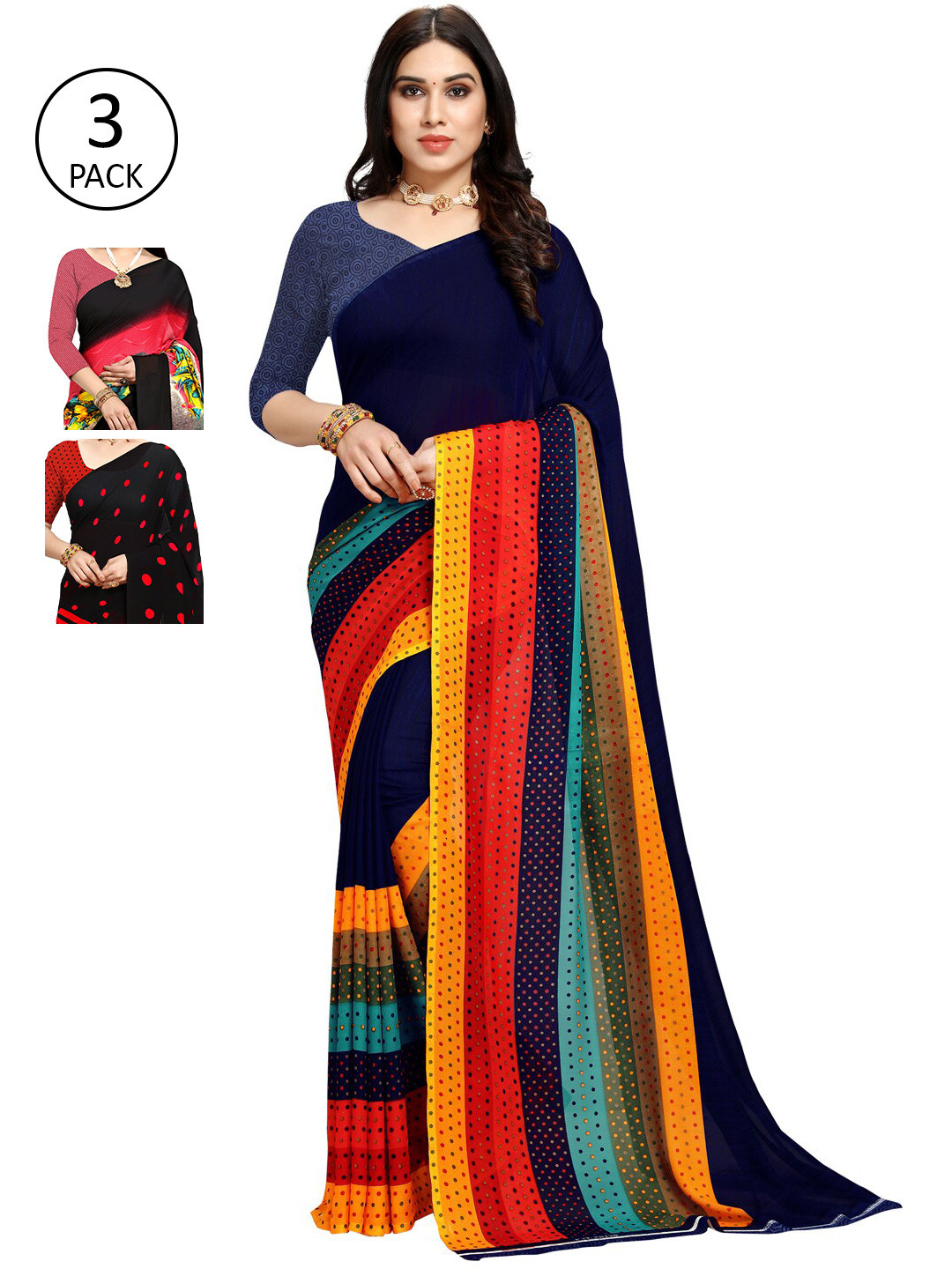 

KALINI Women Pack of 3 Printed Sarees, Red
