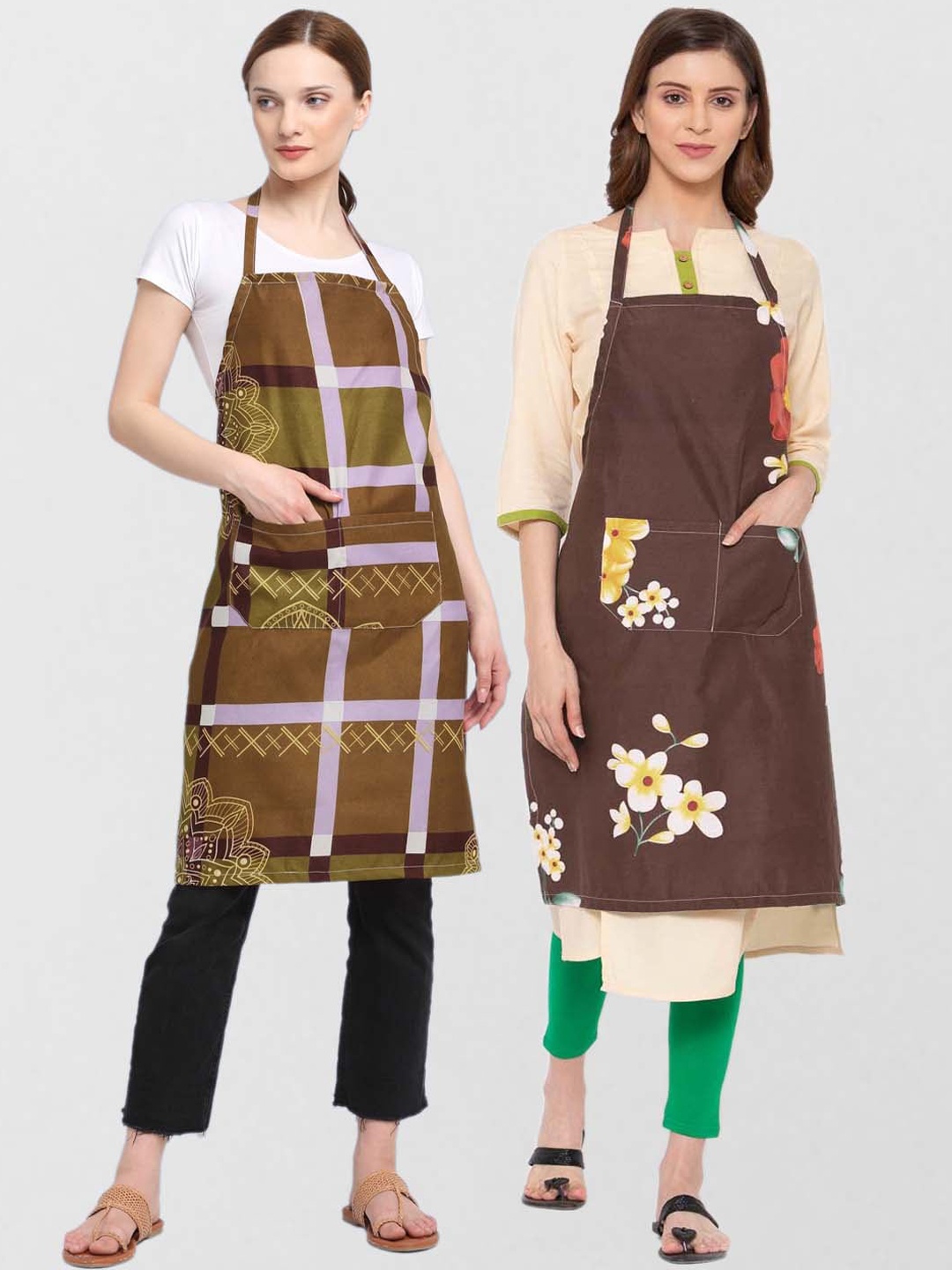 

KLOTTHE Unisex Set Of 2 Printed 210TC Cotton Aprons, Brown