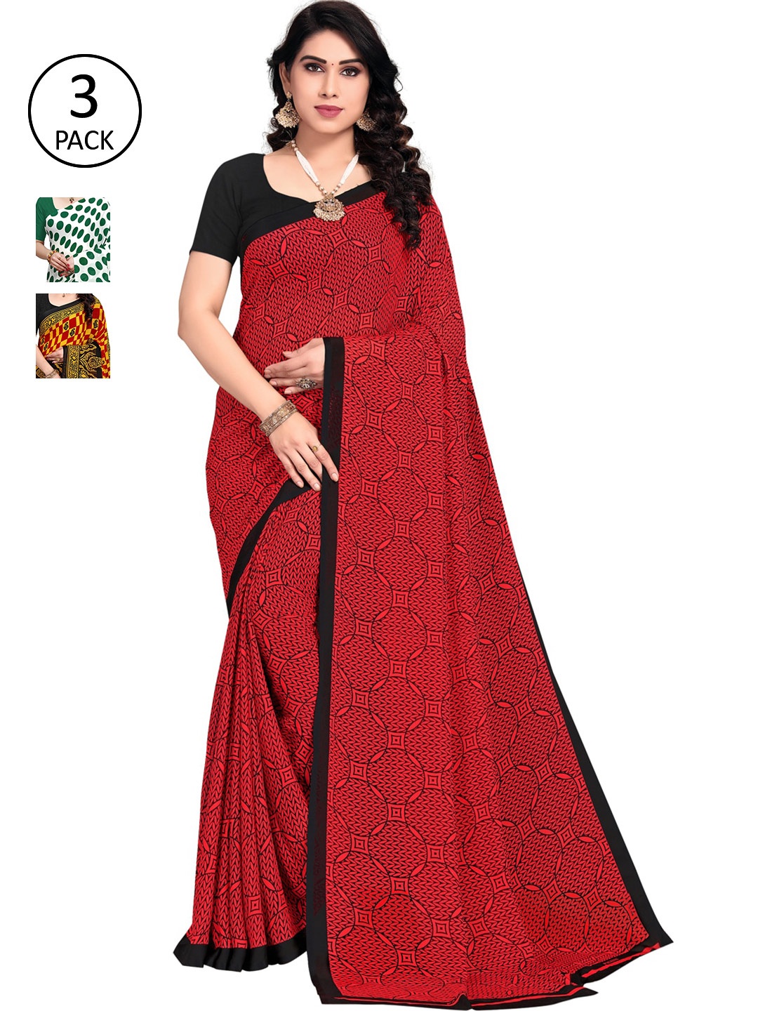 

KALINI Women Pack of 3 Printed Poly Georgette Sarees, Green