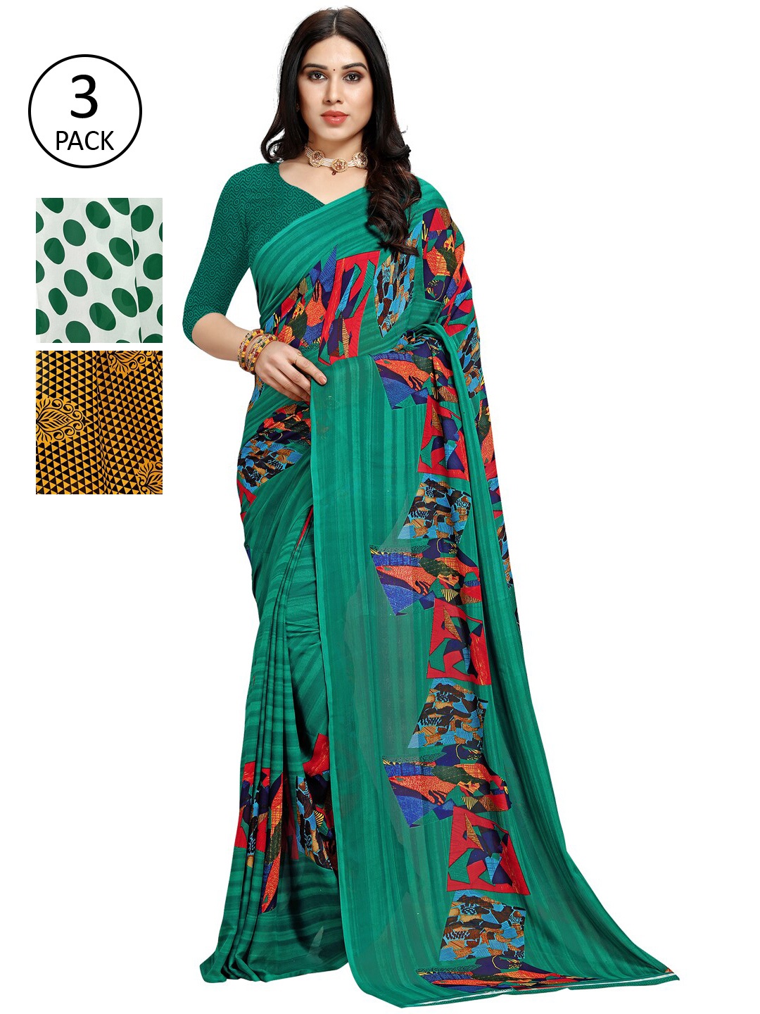 

KALINI Pack Of 3 Poly Georgette Sarees, Green