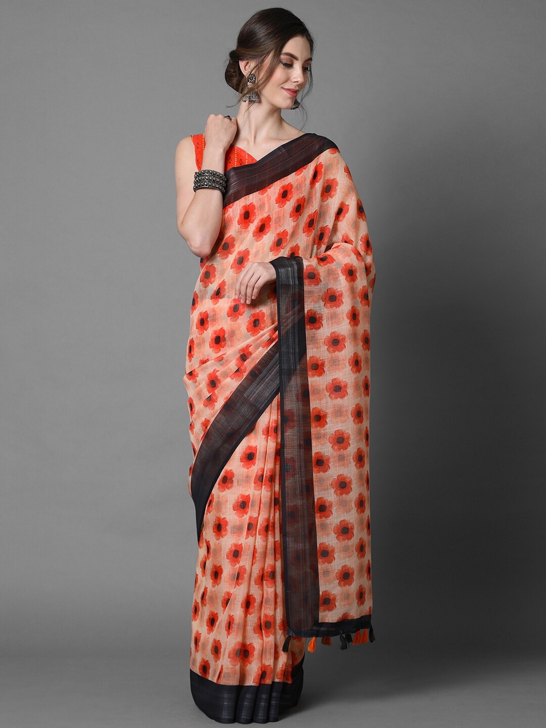 

Mitera Off White & Orange Floral Linen Blend Saree