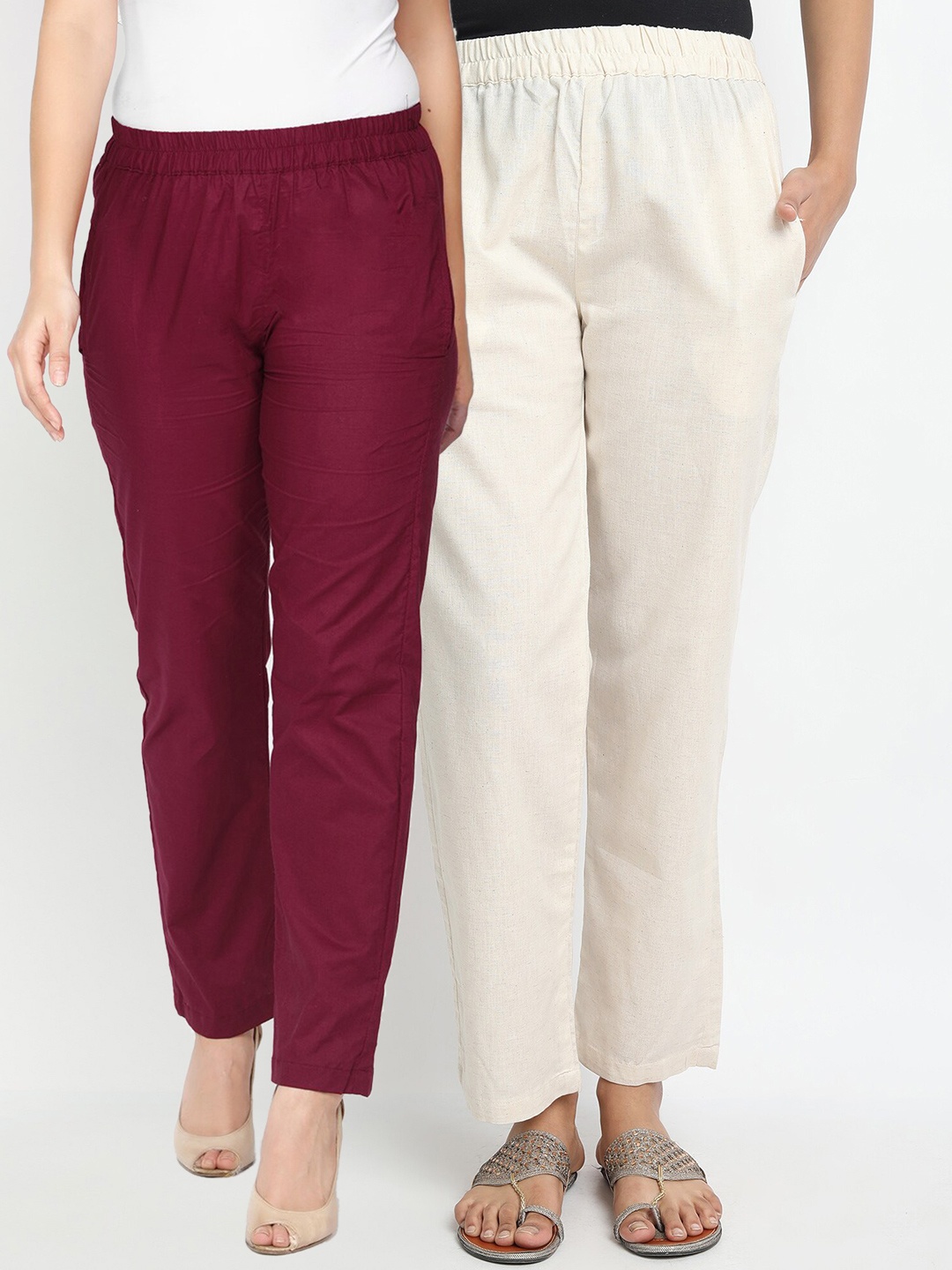 Molcha Women Off White & Maroon Pack of 2 Slim Fit Regular Trousers