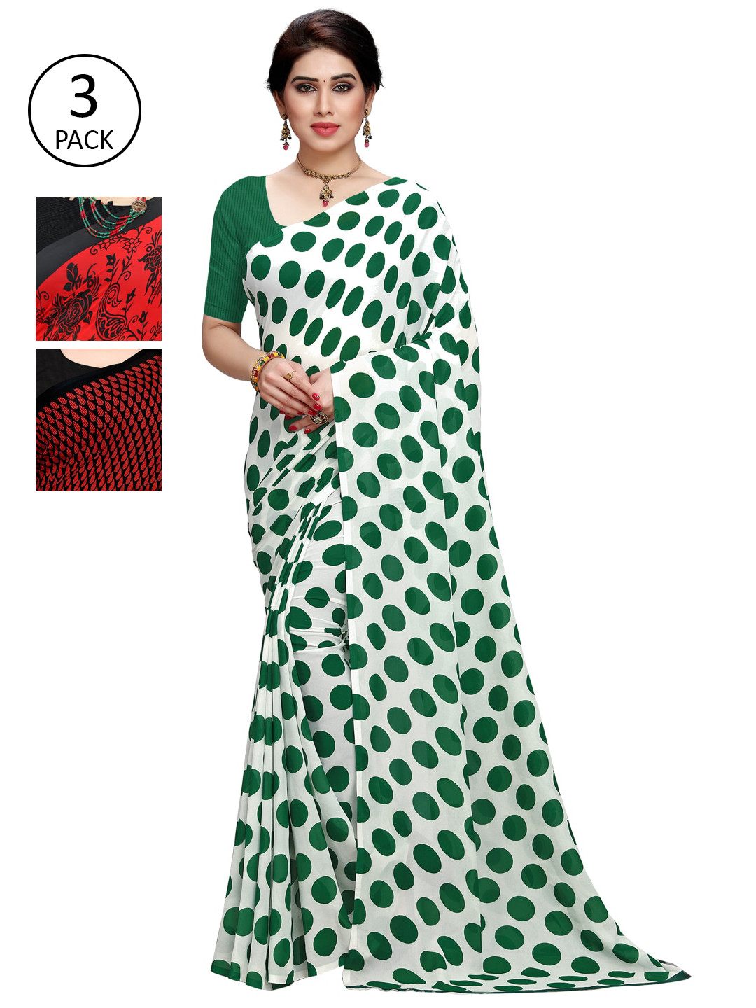 

KALINI Women Pack of 3 Printed Poly Georgette Sarees, White