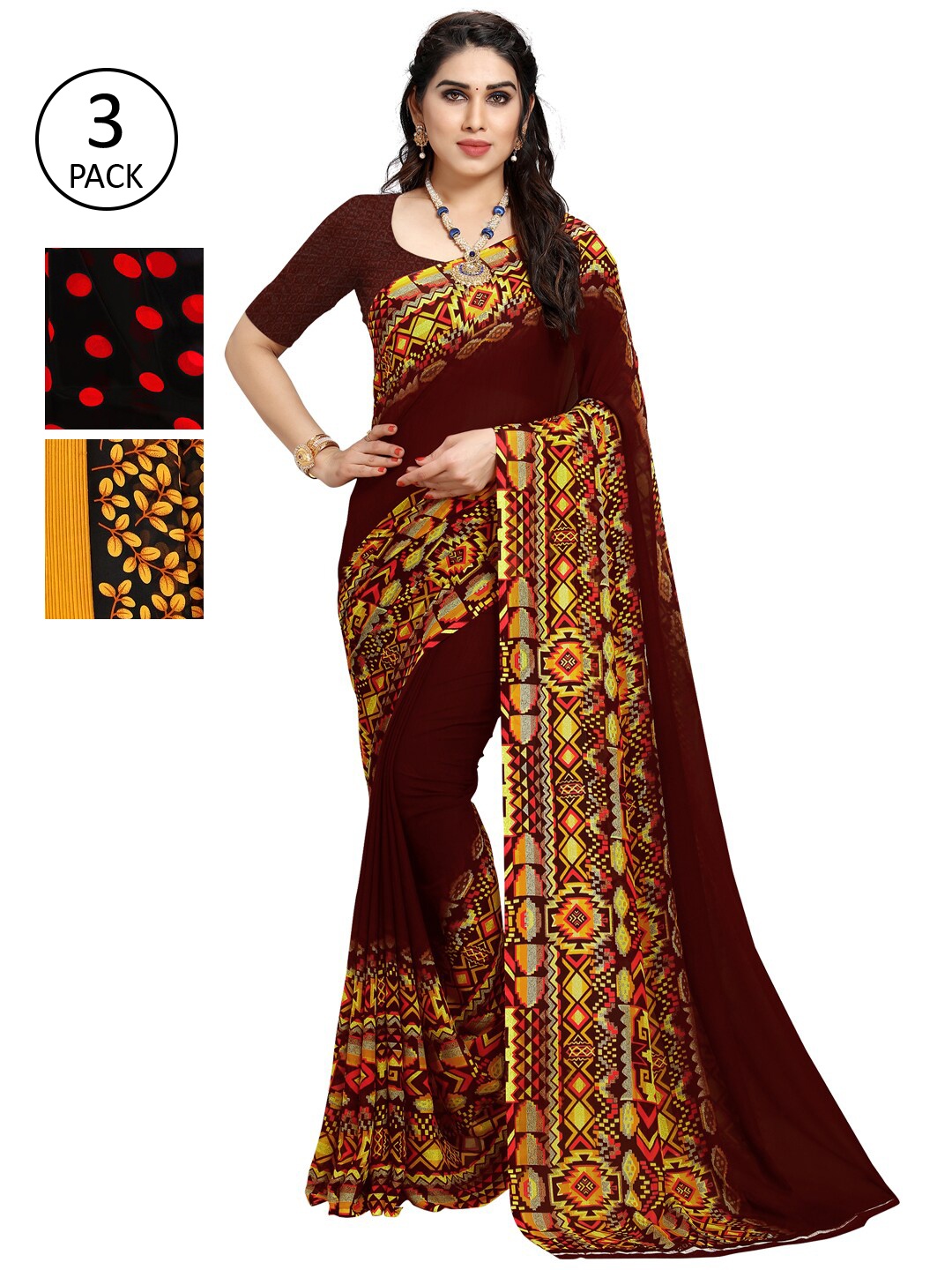 

KALINI Pack of 3 Poly Georgette Sarees, Red