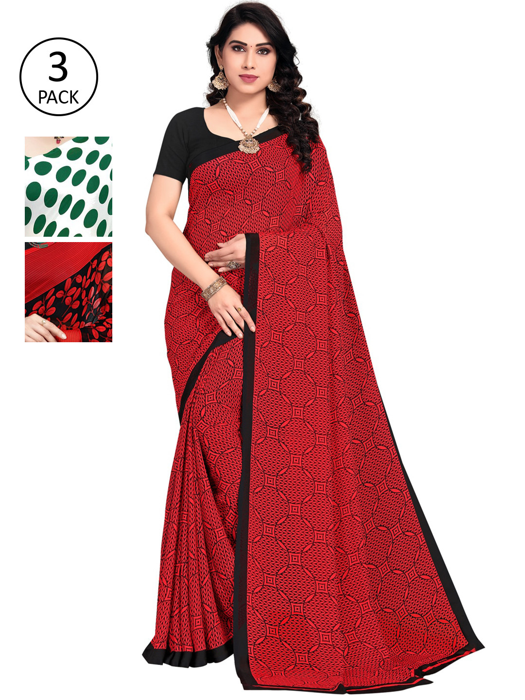 

KALINI Women Pack of 3 Printed Poly Georgette Sarees, Green