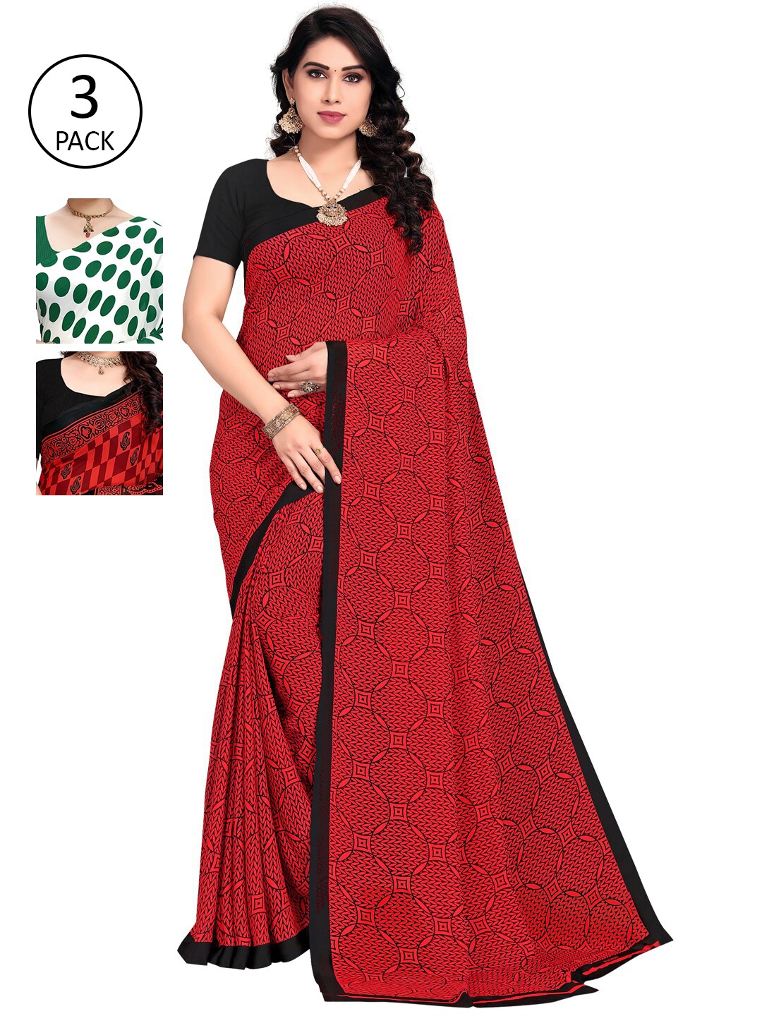 

KALINI Red & Green Pack of 3 Printed Saree
