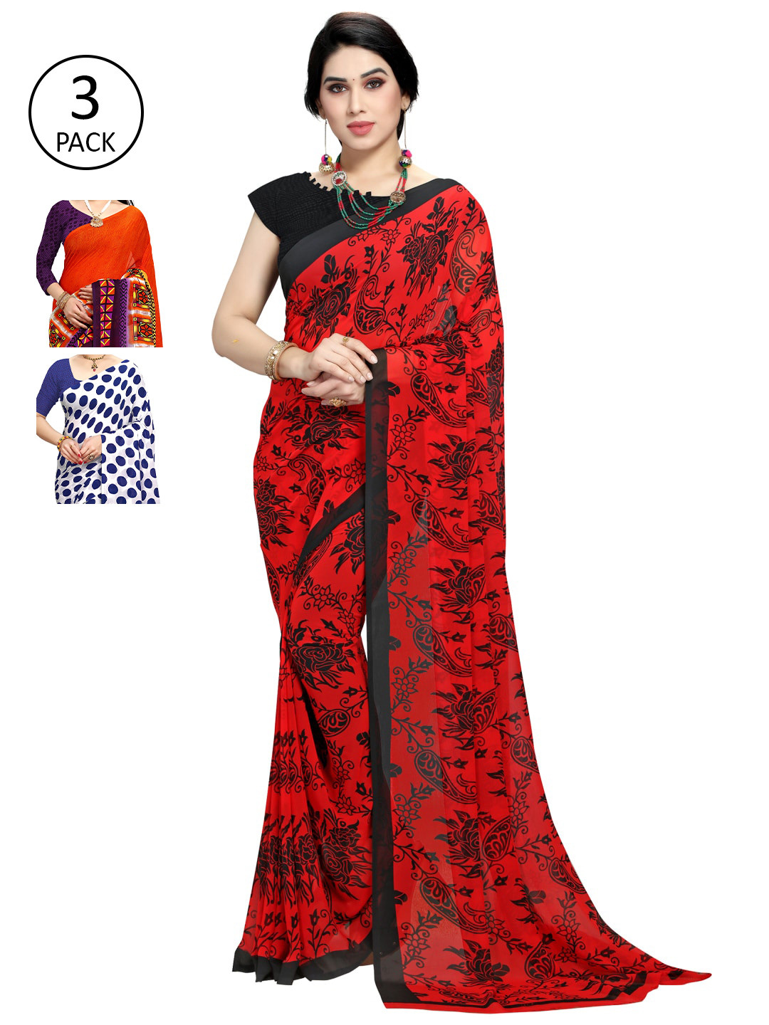 

KALINI Pack Of 3 Poly Georgette Printed Sarees, White